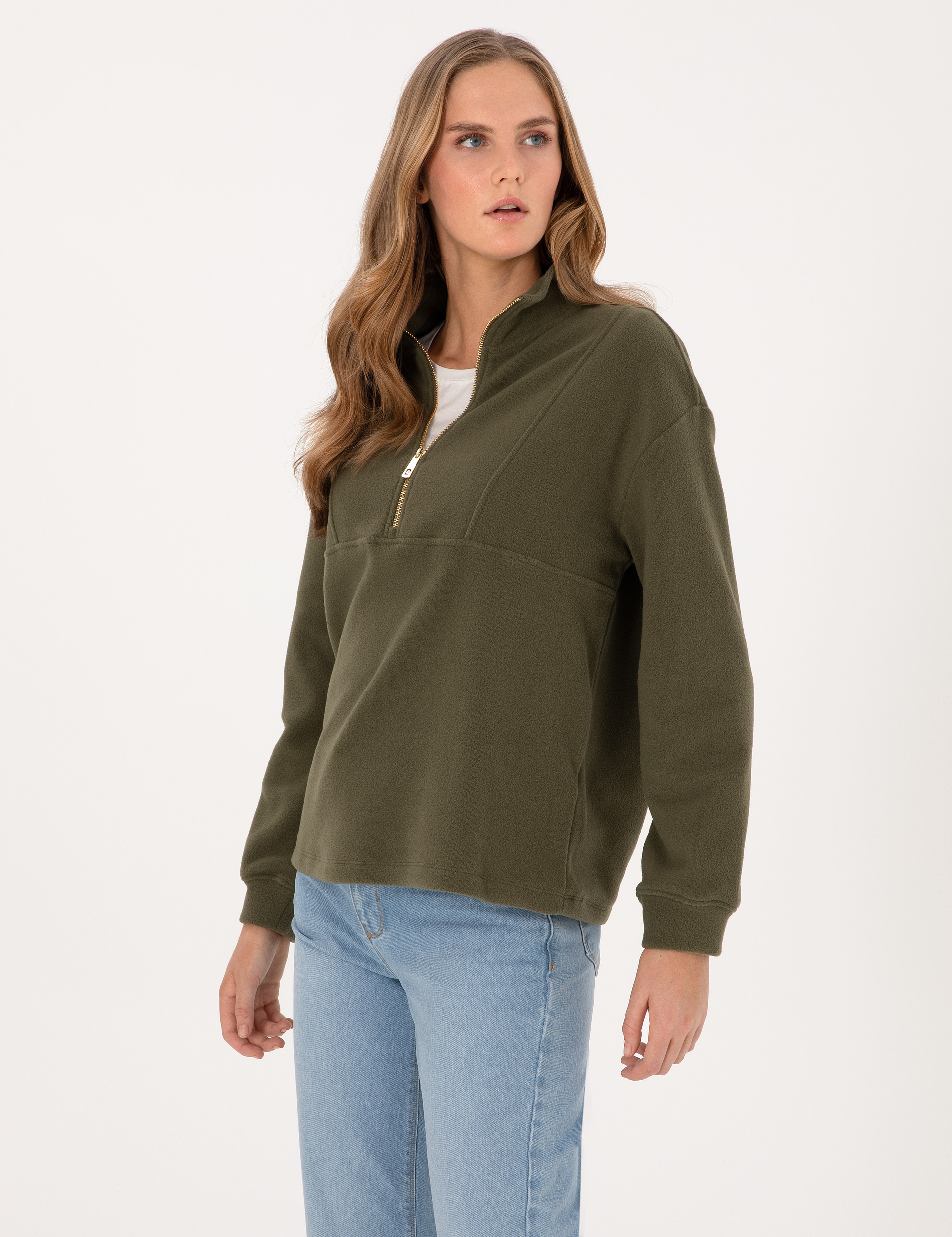 Haki Comfort Fit Fermuarlı Polar Sweatshirt - Image 3
