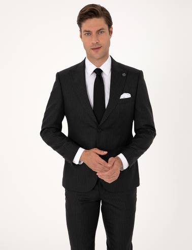 Antrasit Slim Fit %100 Kaşmir Çizgili Takım Elbise