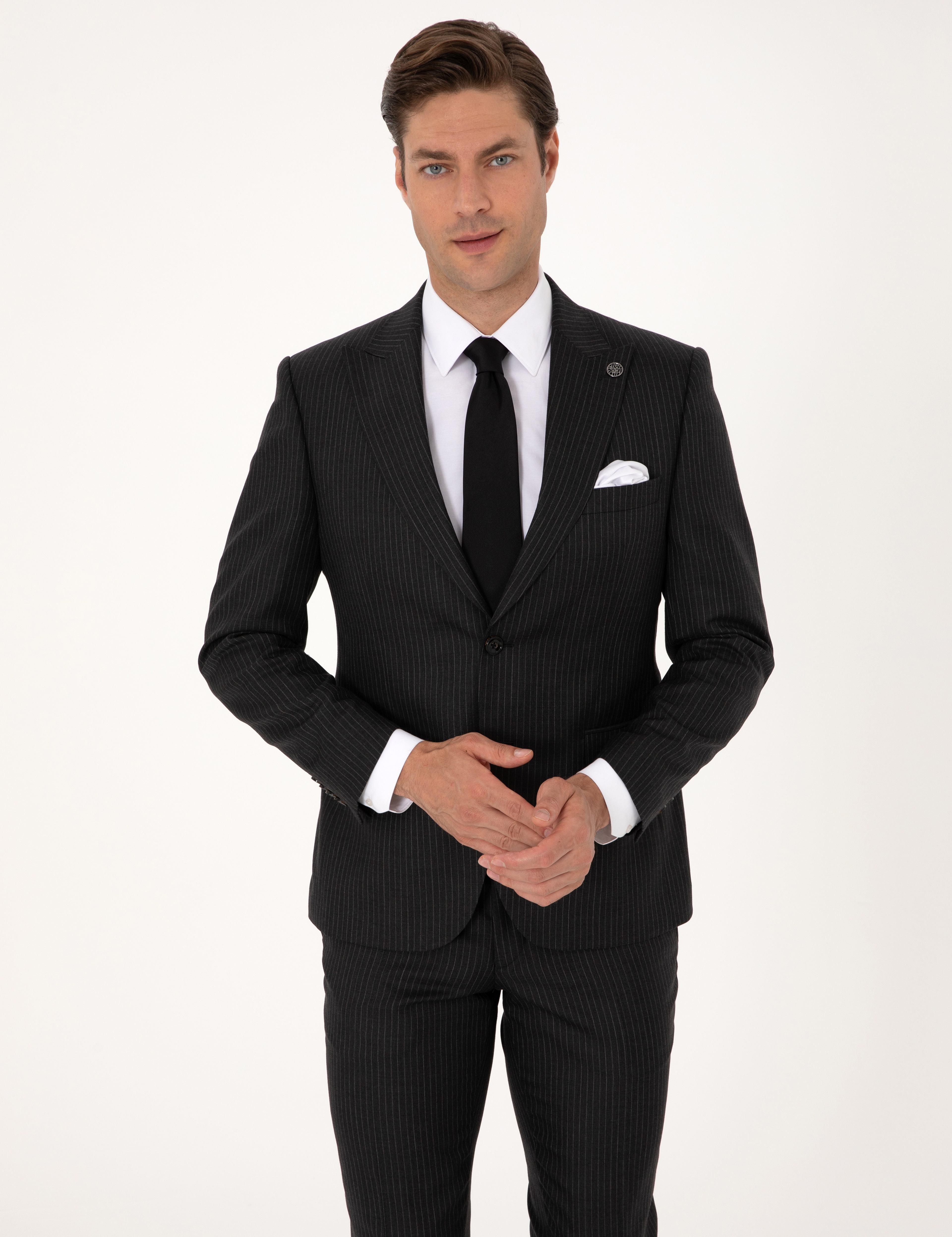 Antrasit Slim Fit %100 Kaşmir Çizgili Takım Elbise - Image 3