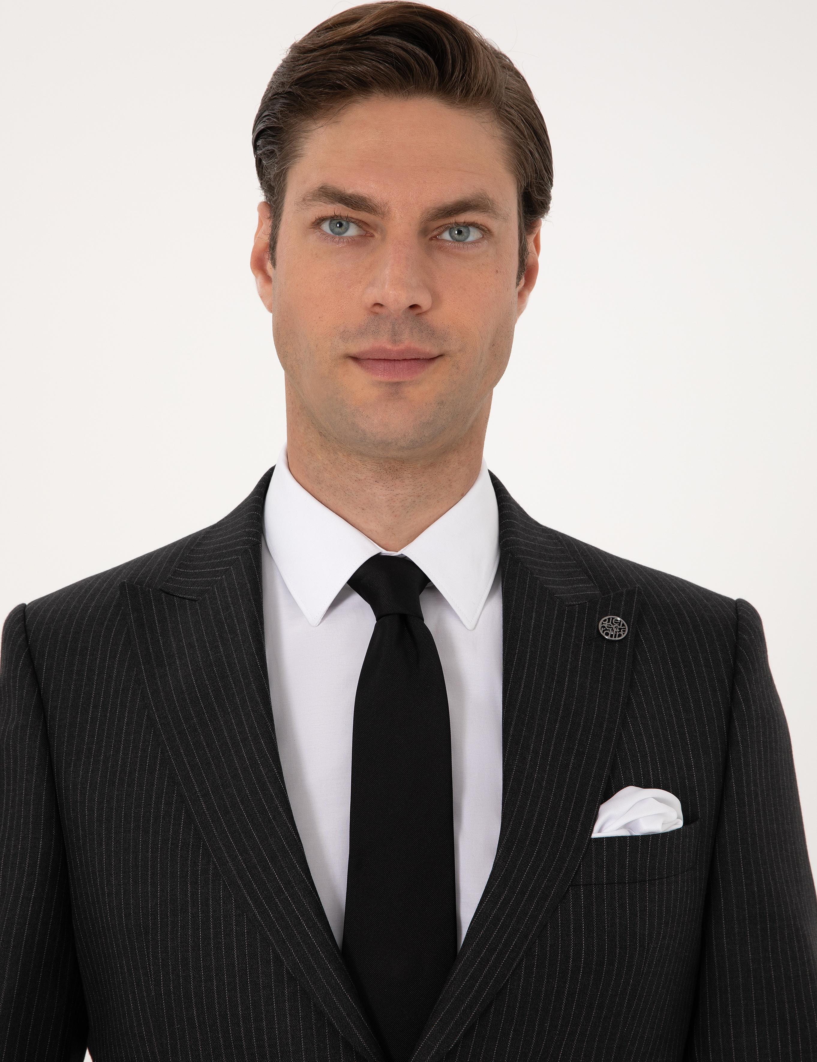 Antrasit Slim Fit %100 Kaşmir Çizgili Takım Elbise