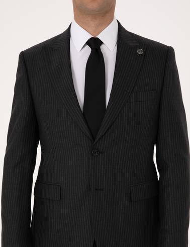 Antrasit Slim Fit %100 Kaşmir Çizgili Takım Elbise