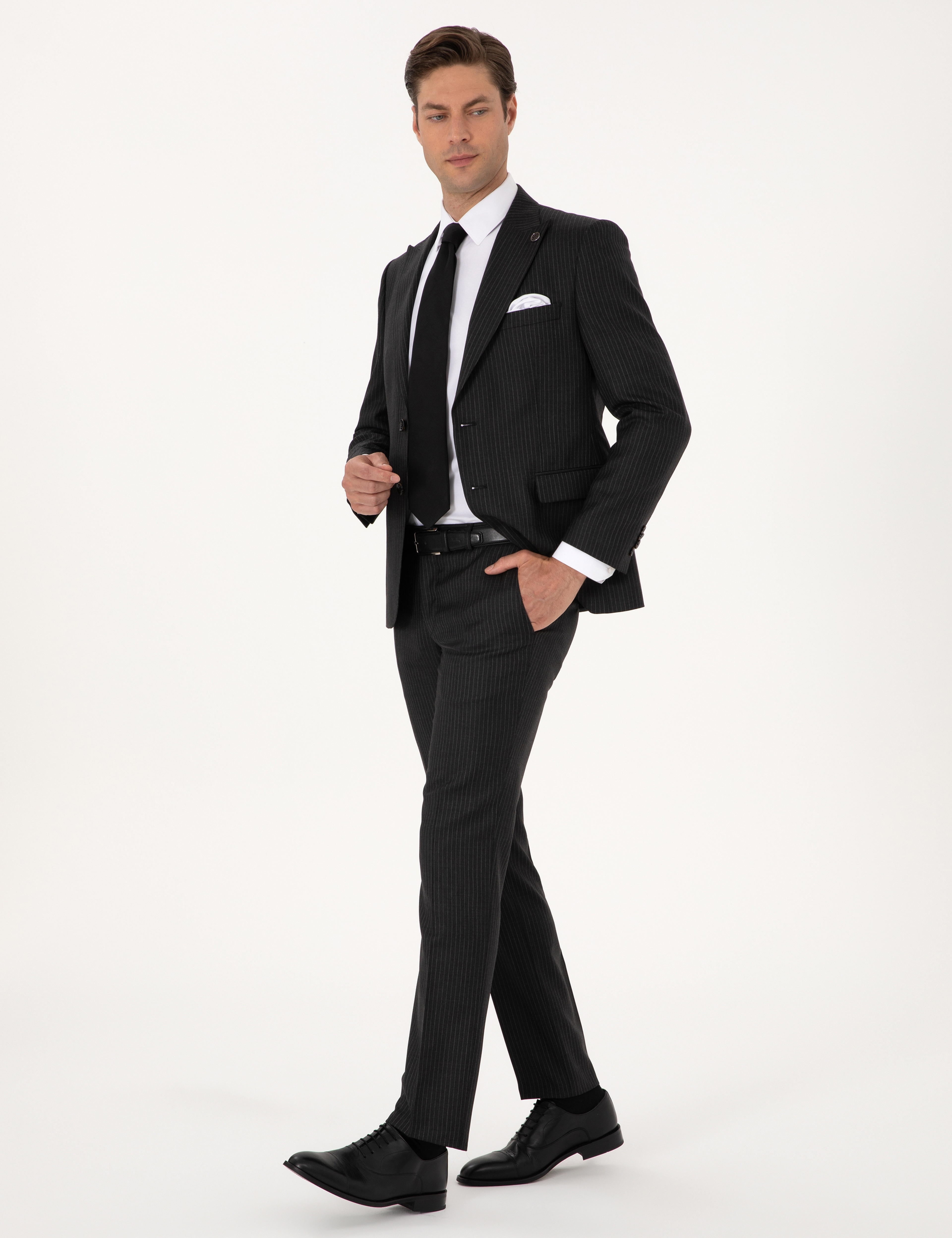Antrasit Slim Fit %100 Kaşmir Çizgili Takım Elbise - Image 4