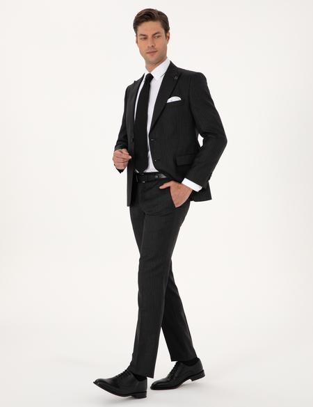 Antrasit Slim Fit %100 Kaşmir Çizgili Takım Elbise - 50311292017