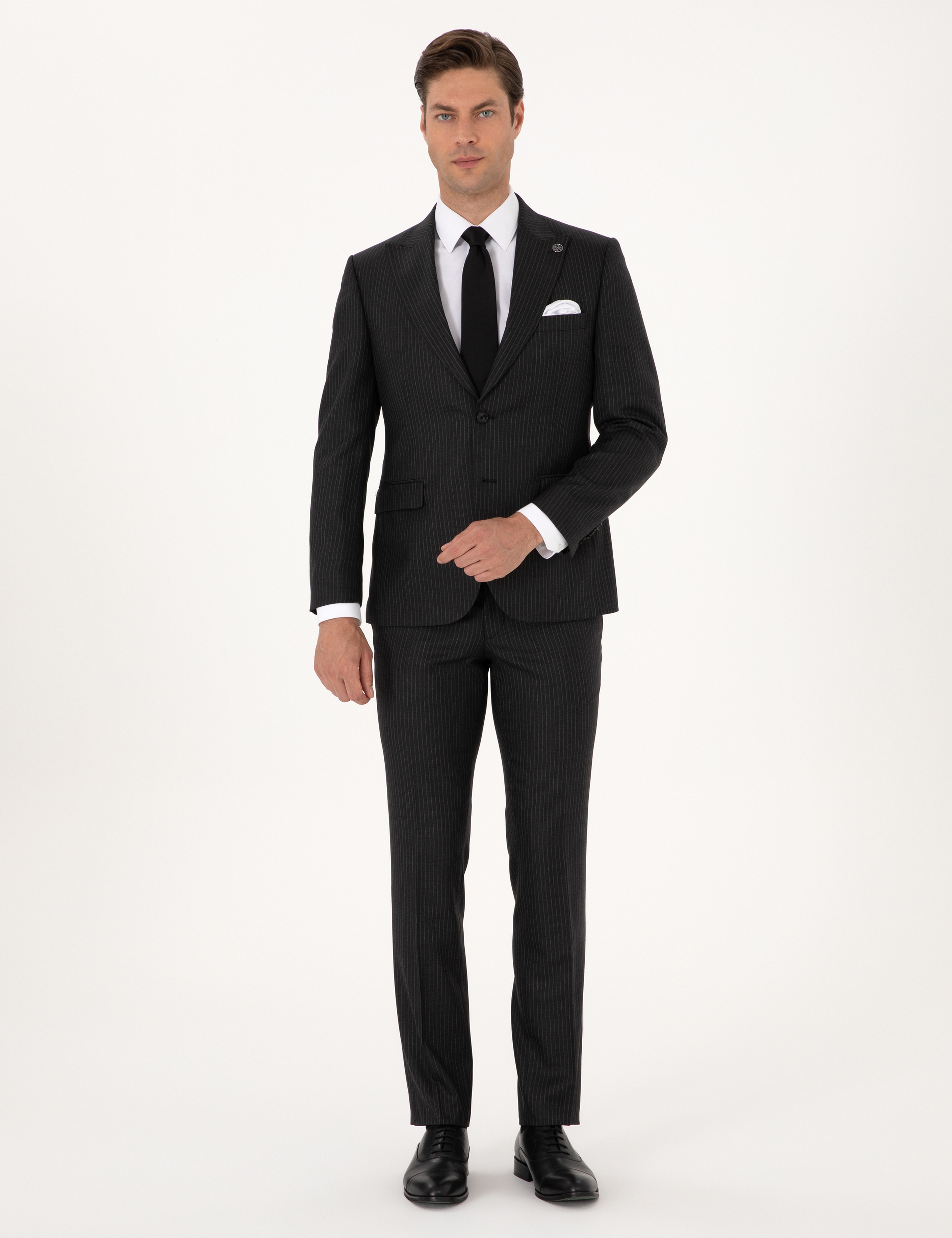 Antrasit Slim Fit %100 Kaşmir Çizgili Takım Elbise - Image 1