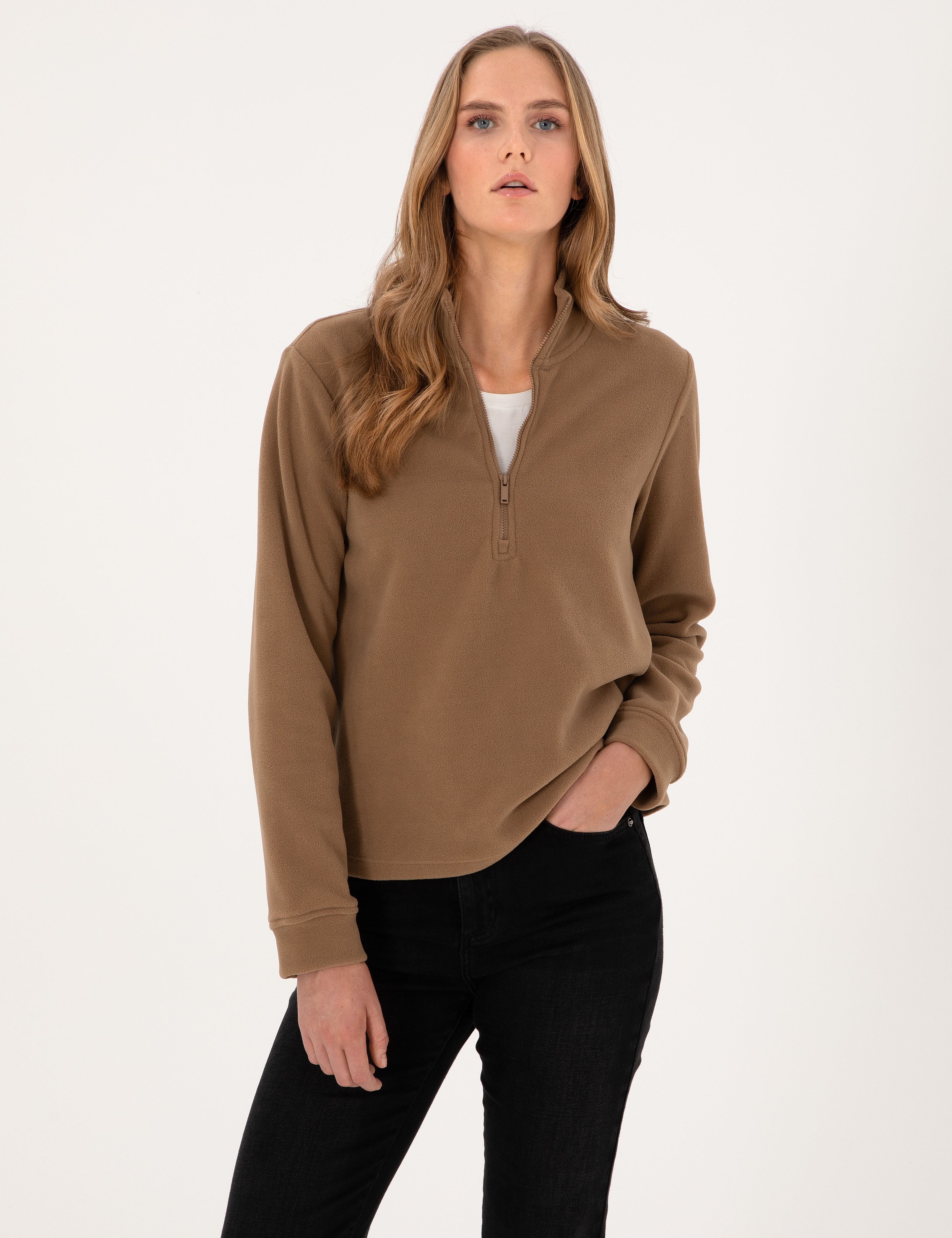 Camel Comfort Fit Fermuarlı Polar Sweatshirt - Image 1