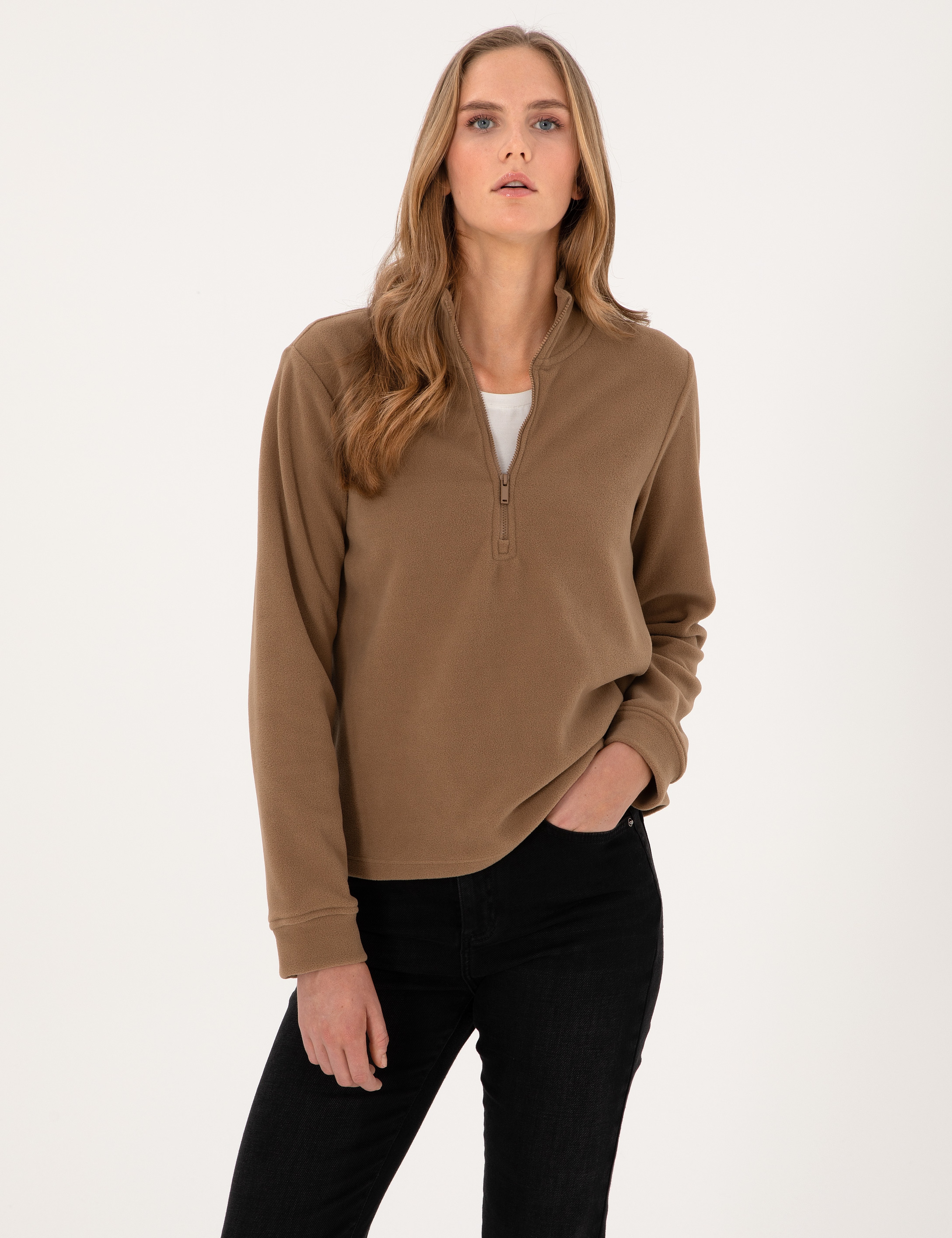 Camel Comfort Fit Fermuarlı Polar Sweatshirt