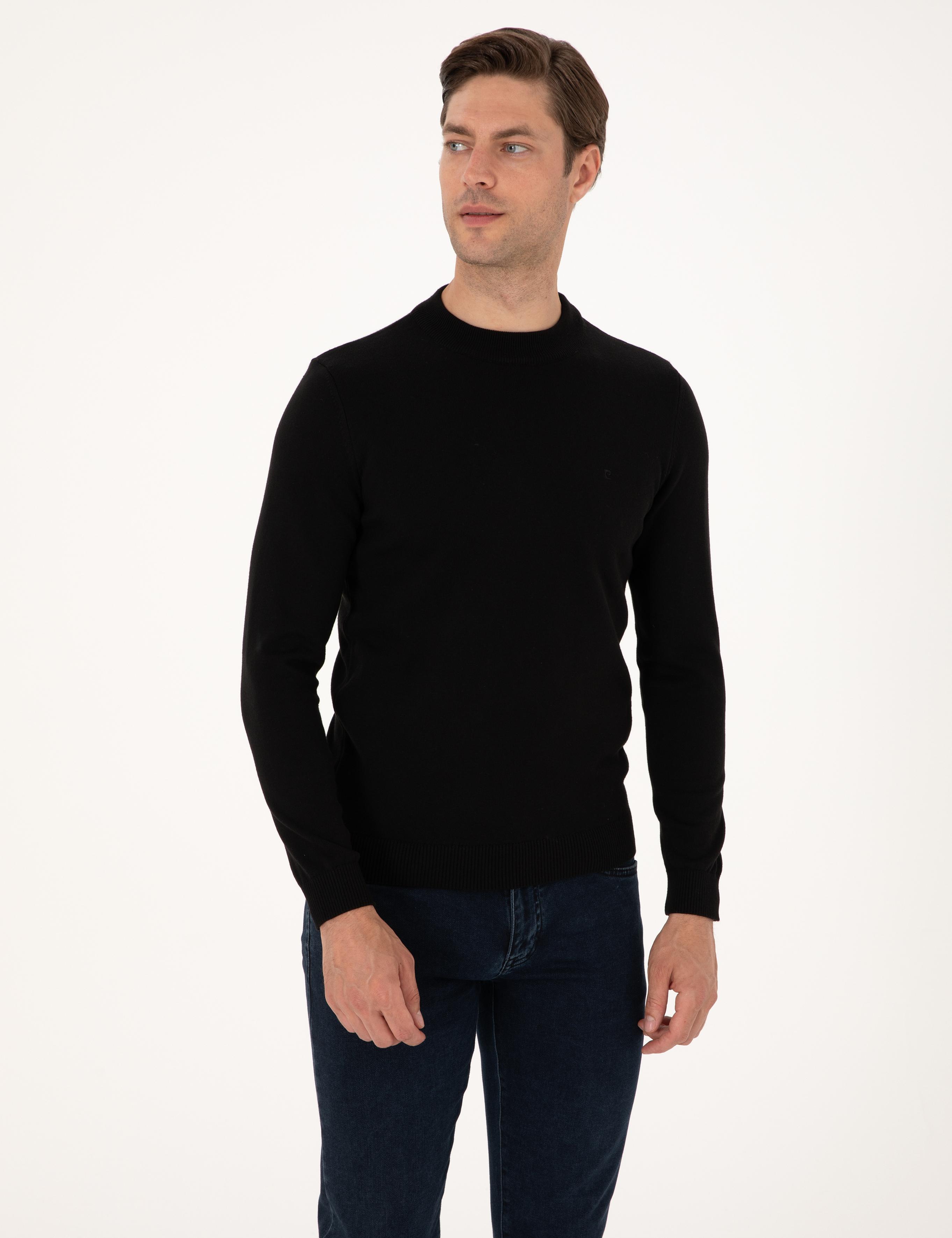 Siyah Slim Fit Çeyrek Yaka Basic Triko Kazak