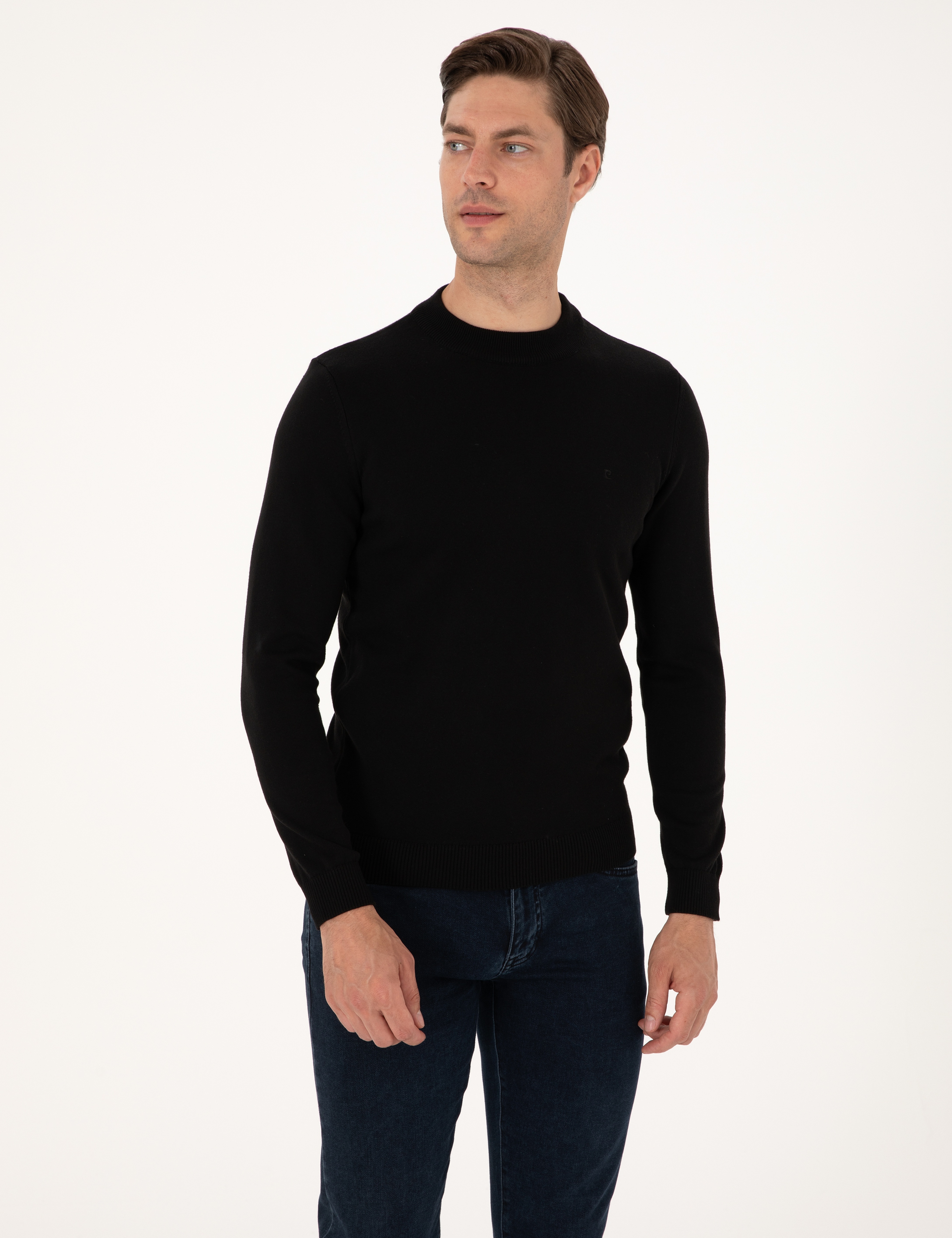 Siyah Slim Fit Çeyrek Yaka Basic Triko Kazak