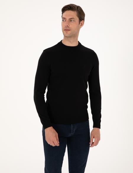 Siyah Slim Fit Çeyrek Yaka Basic Triko Kazak - 50315456029