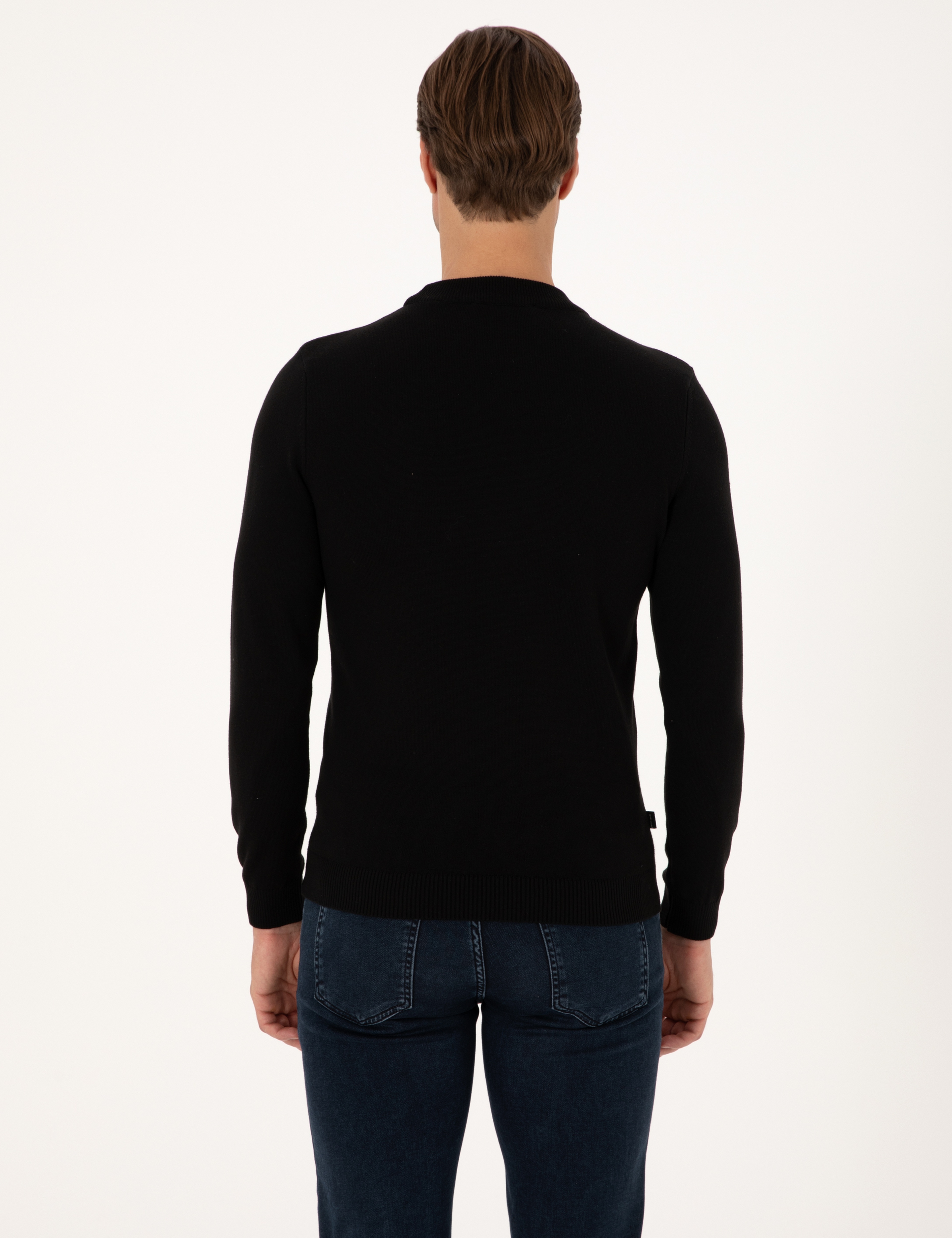 Siyah Slim Fit Çeyrek Yaka Basic Triko Kazak