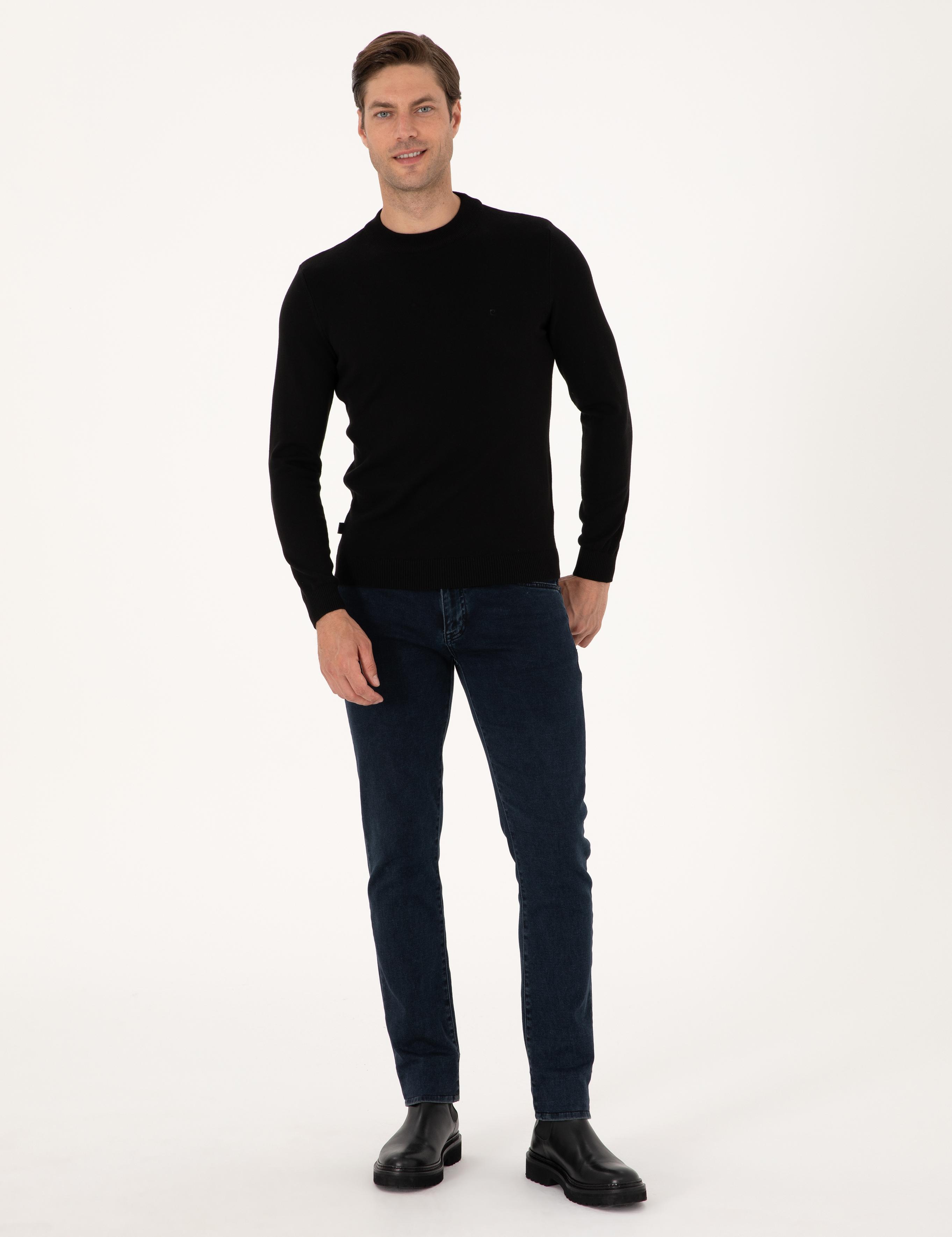 Siyah Slim Fit Çeyrek Yaka Basic Triko Kazak