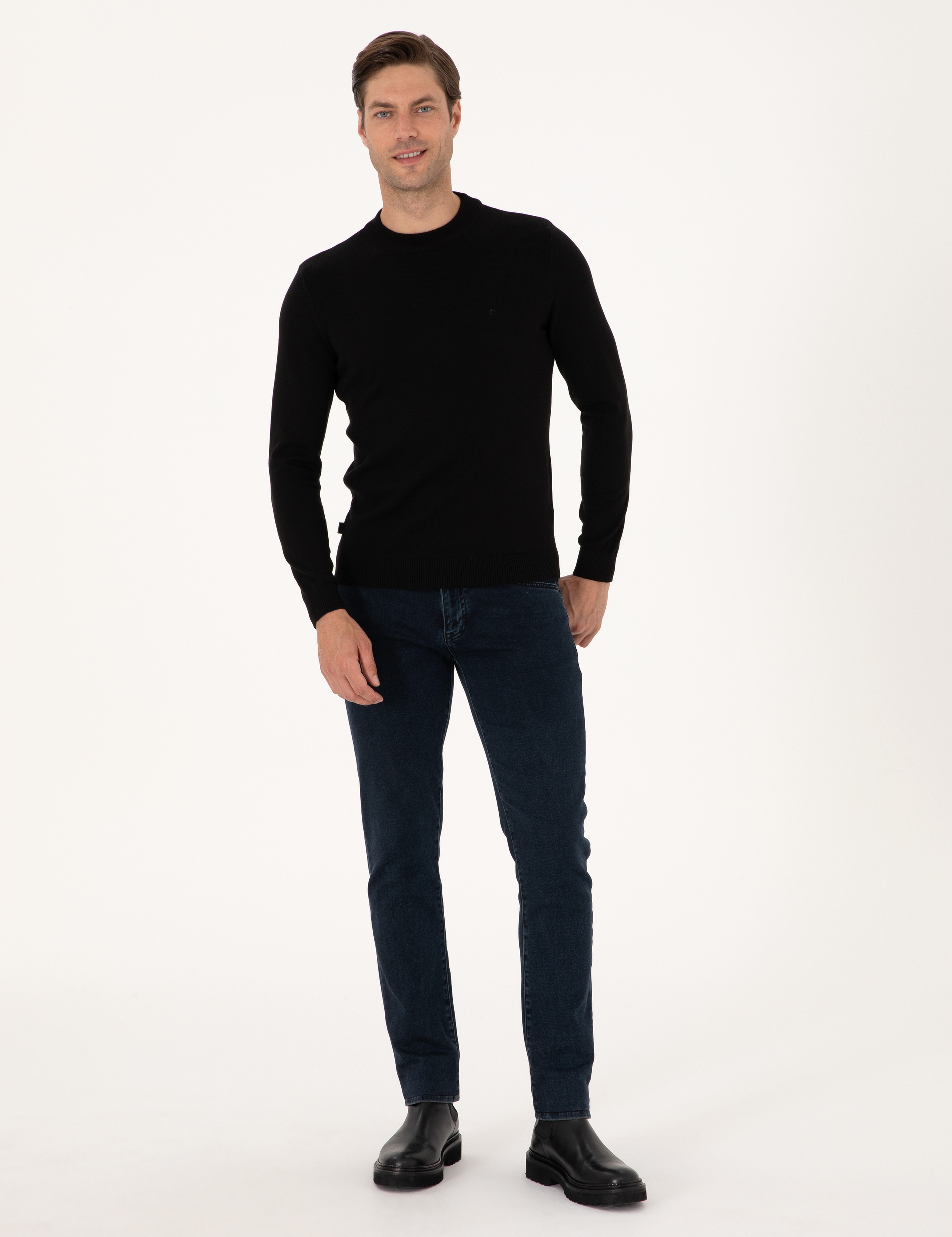 Siyah Slim Fit Çeyrek Yaka Basic Triko Kazak - Image 4