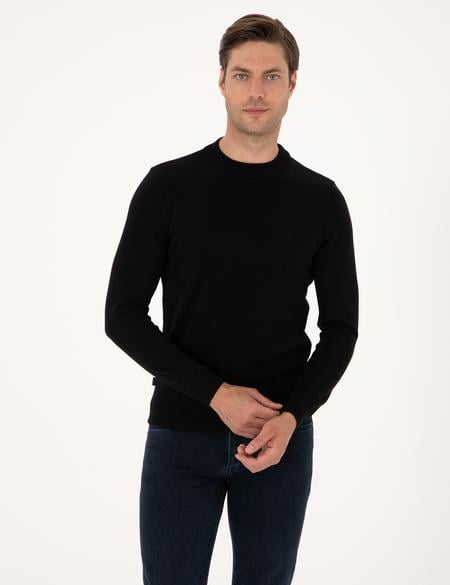 Siyah Slim Fit Çeyrek Yaka Basic Triko Kazak - 50315456029