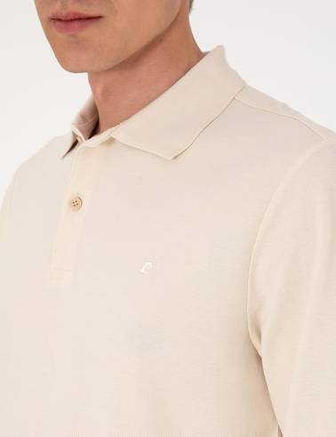 Bej Slim Fit Kıvrılmaz Polo Yaka Basic Pike Sweatshirt