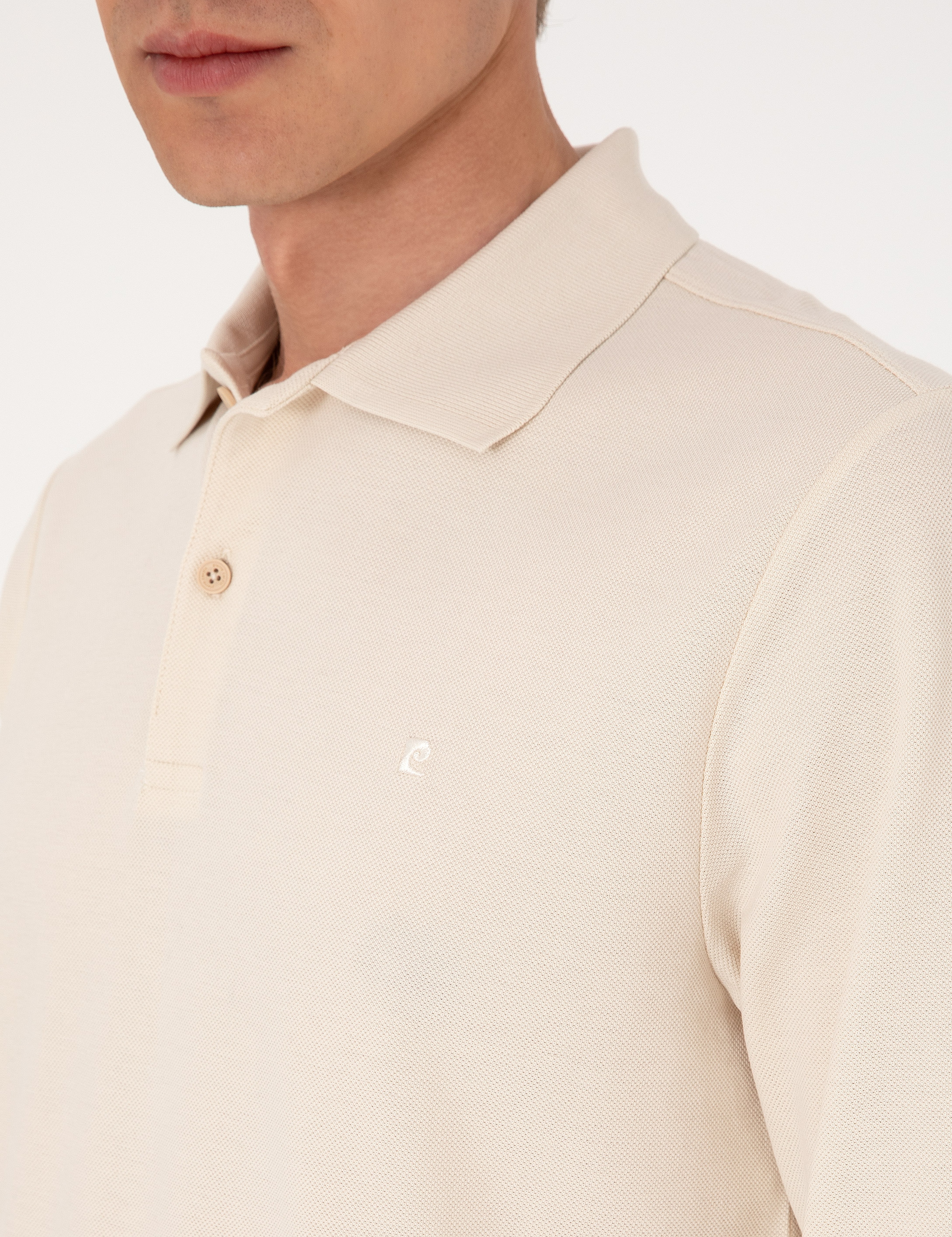 Bej Slim Fit Kıvrılmaz Polo Yaka Basic Pike Sweatshirt