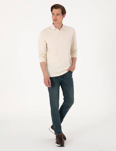 Bej Slim Fit Kıvrılmaz Polo Yaka Basic Pike Sweatshirt