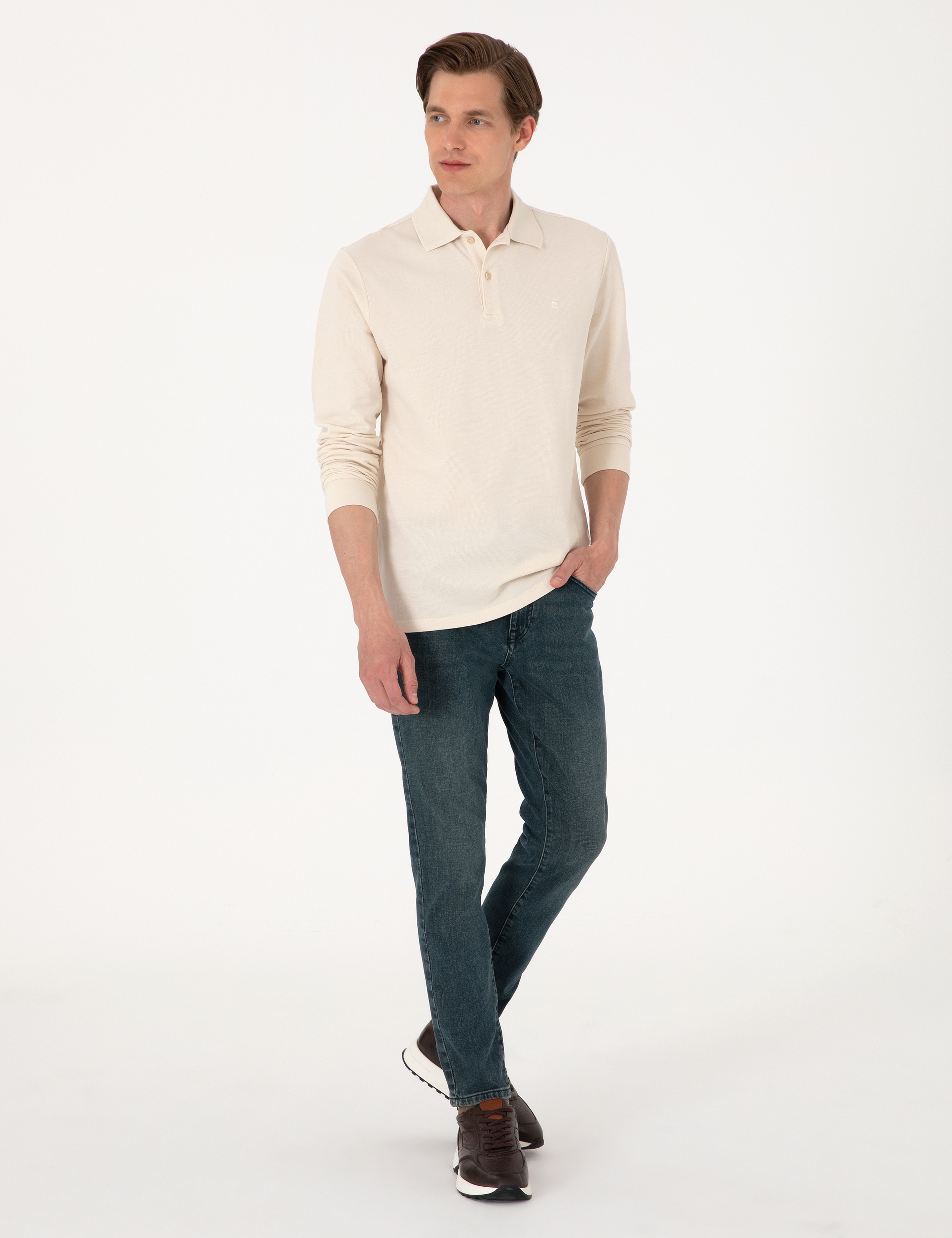 Bej Slim Fit Kıvrılmaz Polo Yaka Basic Pike Sweatshirt - Image 4