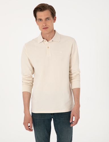 Bej Slim Fit Kıvrılmaz Polo Yaka Basic Pike Sweatshirt