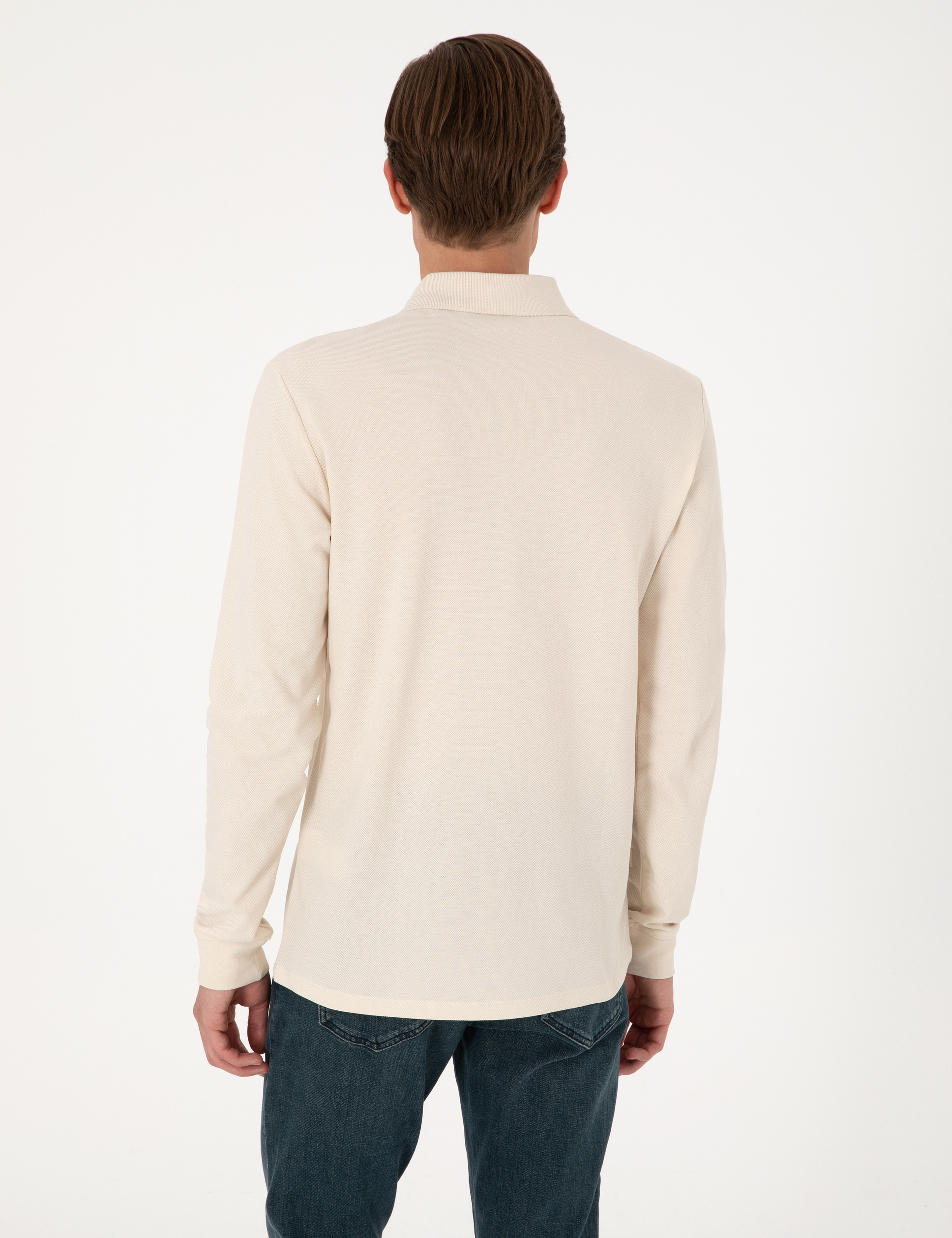 Bej Slim Fit Kıvrılmaz Polo Yaka Basic Pike Sweatshirt - Image 5