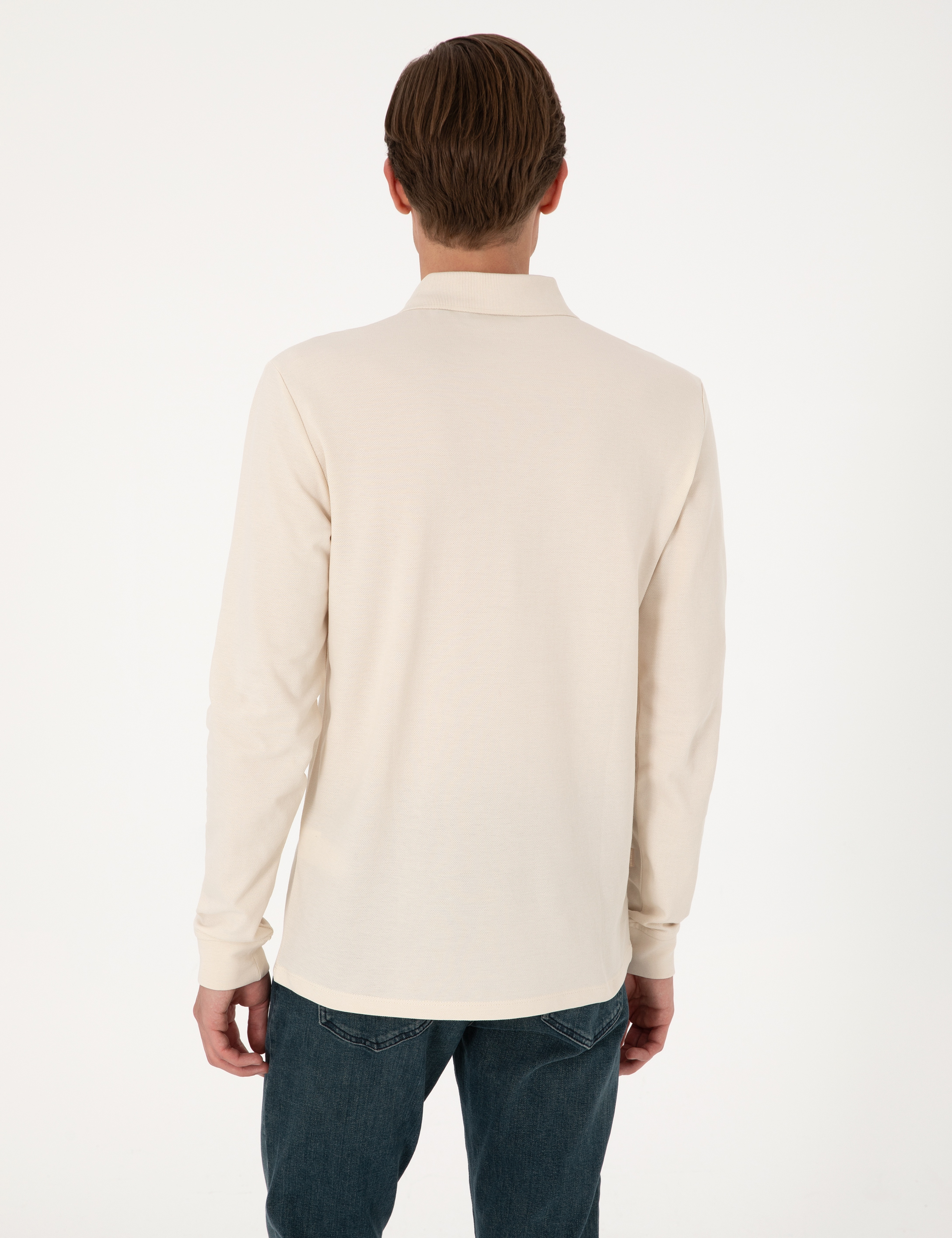 Bej Slim Fit Kıvrılmaz Polo Yaka Basic Pike Sweatshirt