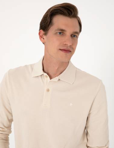 Bej Slim Fit Kıvrılmaz Polo Yaka Basic Pike Sweatshirt