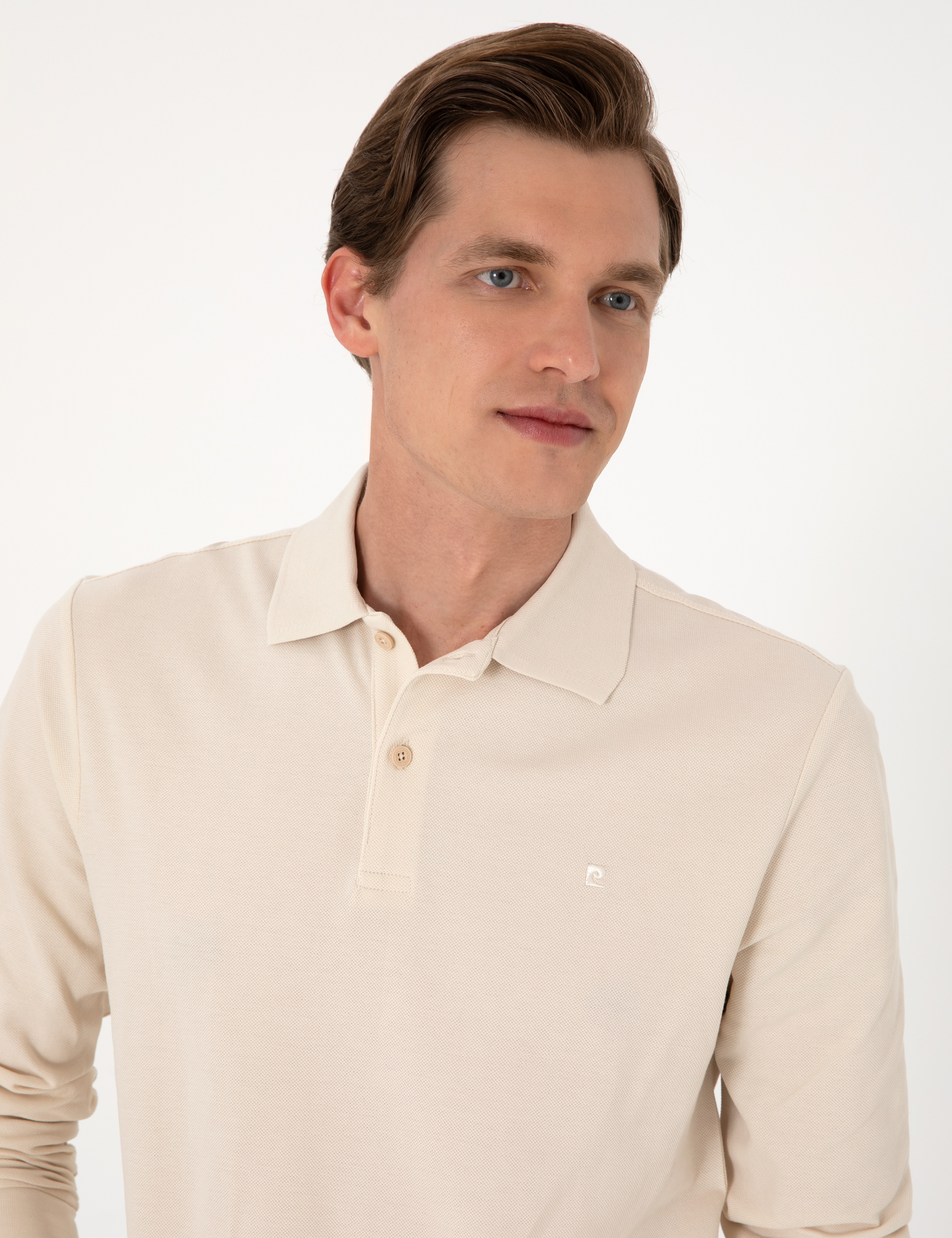 Bej Slim Fit Kıvrılmaz Polo Yaka Basic Pike Sweatshirt - Image 2