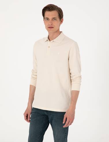 Bej Slim Fit Kıvrılmaz Polo Yaka Basic Pike Sweatshirt