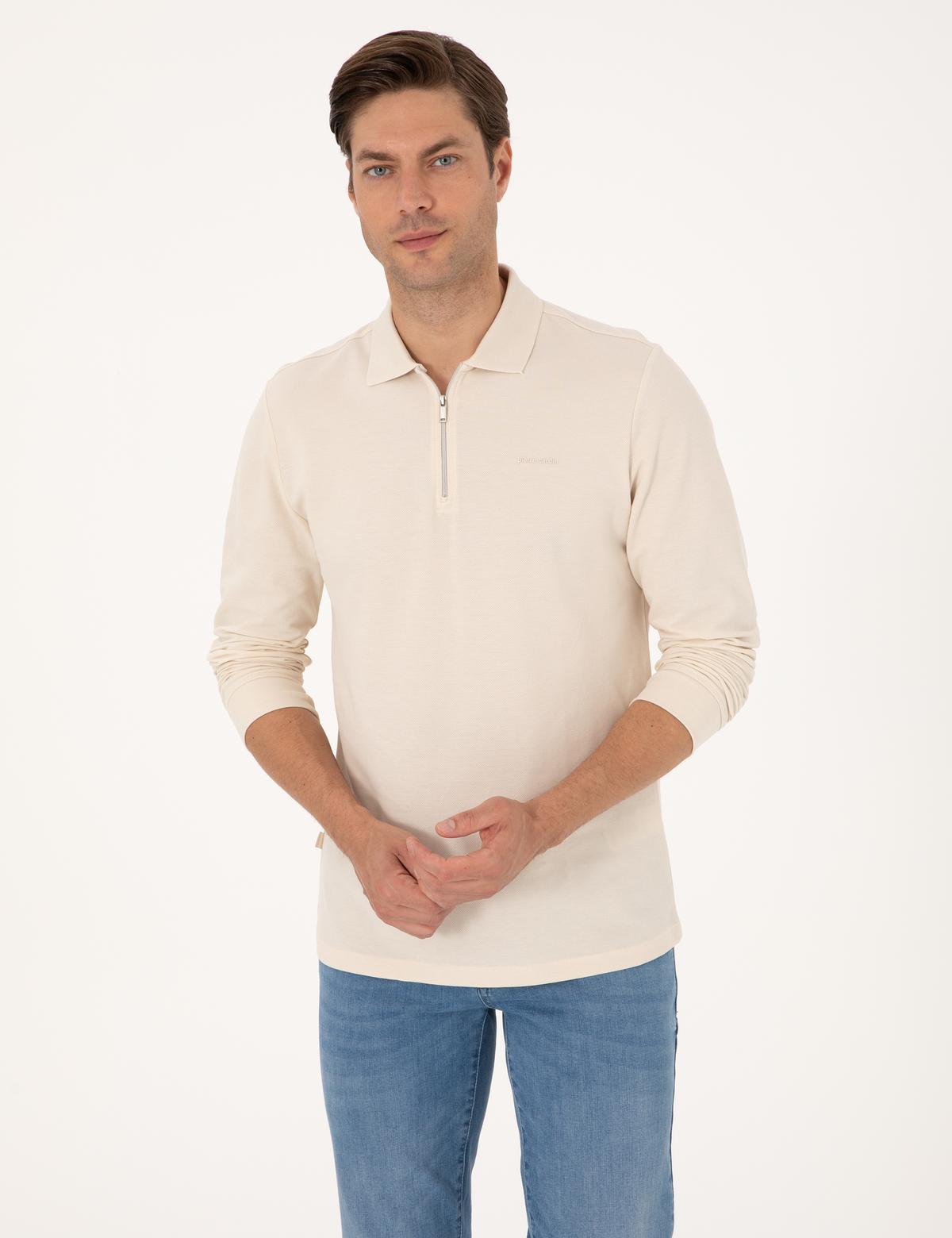 Bej Slim Fit Kıvrılmaz Fermuarlı Polo Yaka Basic Pike Sweatshirt