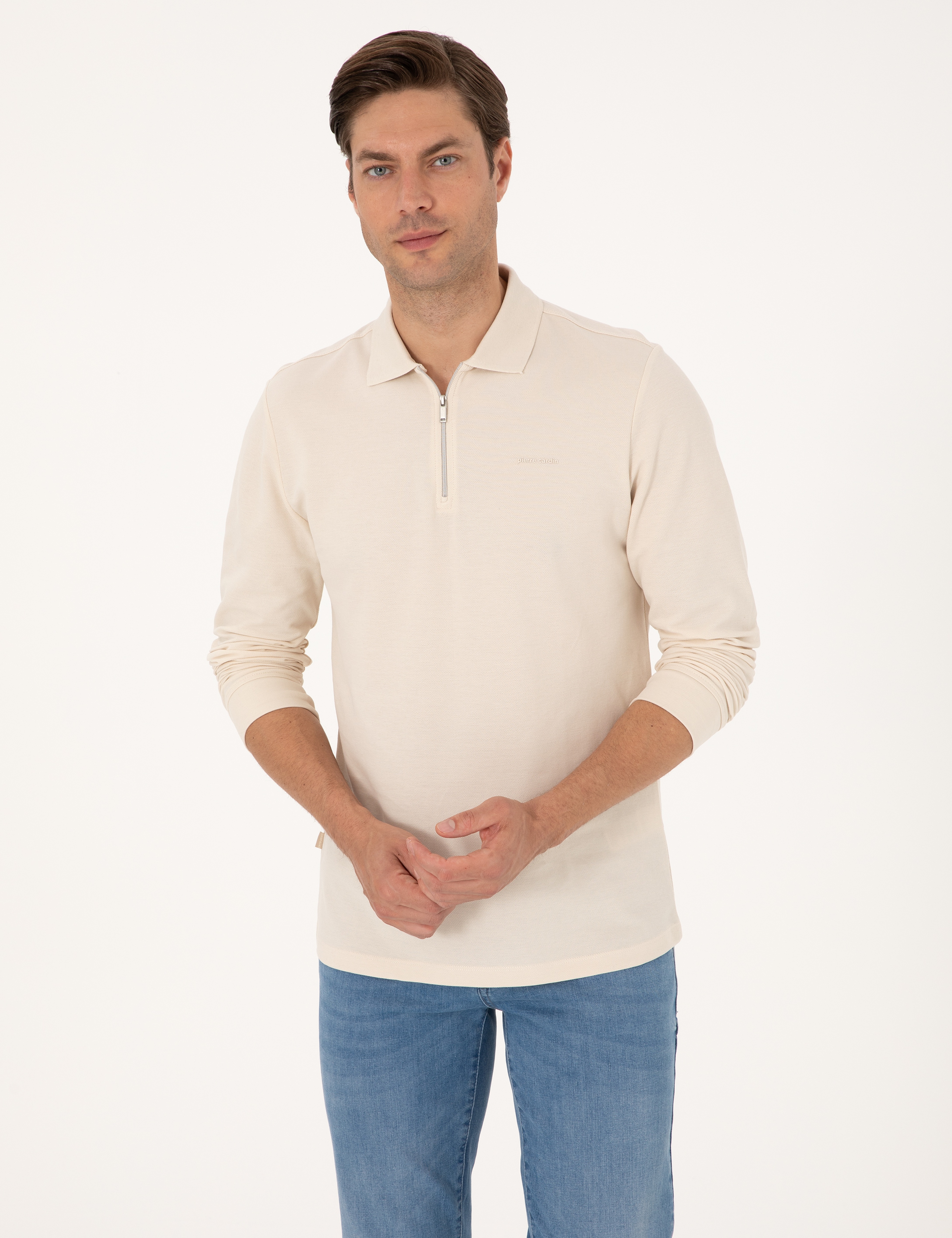 Bej Slim Fit Kıvrılmaz Fermuarlı Polo Yaka Basic Pike Sweatshirt - Image 1
