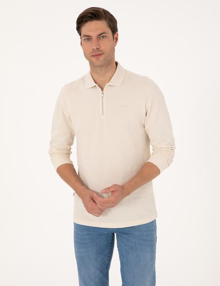 Bej Slim Fit Kıvrılmaz Fermuarlı Polo Yaka Basic Pike Sweatshirt - 50314046057
