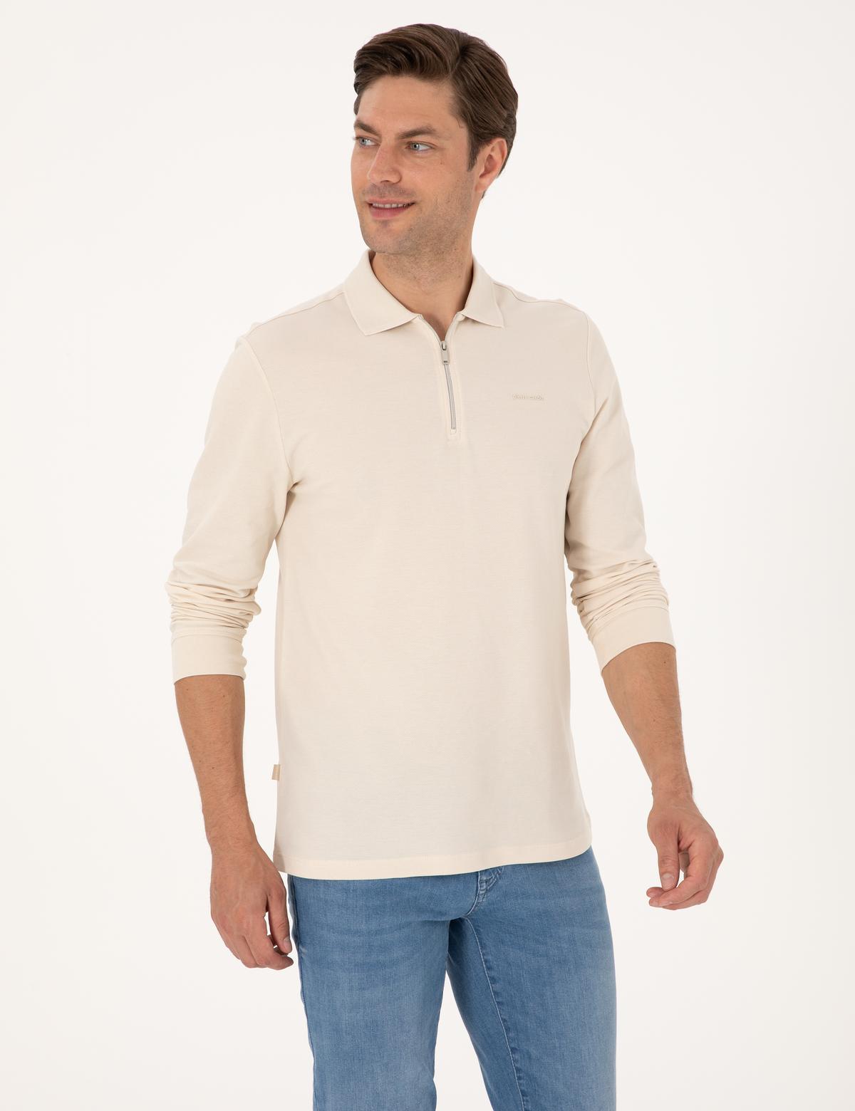 Bej Slim Fit Kıvrılmaz Fermuarlı Polo Yaka Basic Pike Sweatshirt - 50314046057