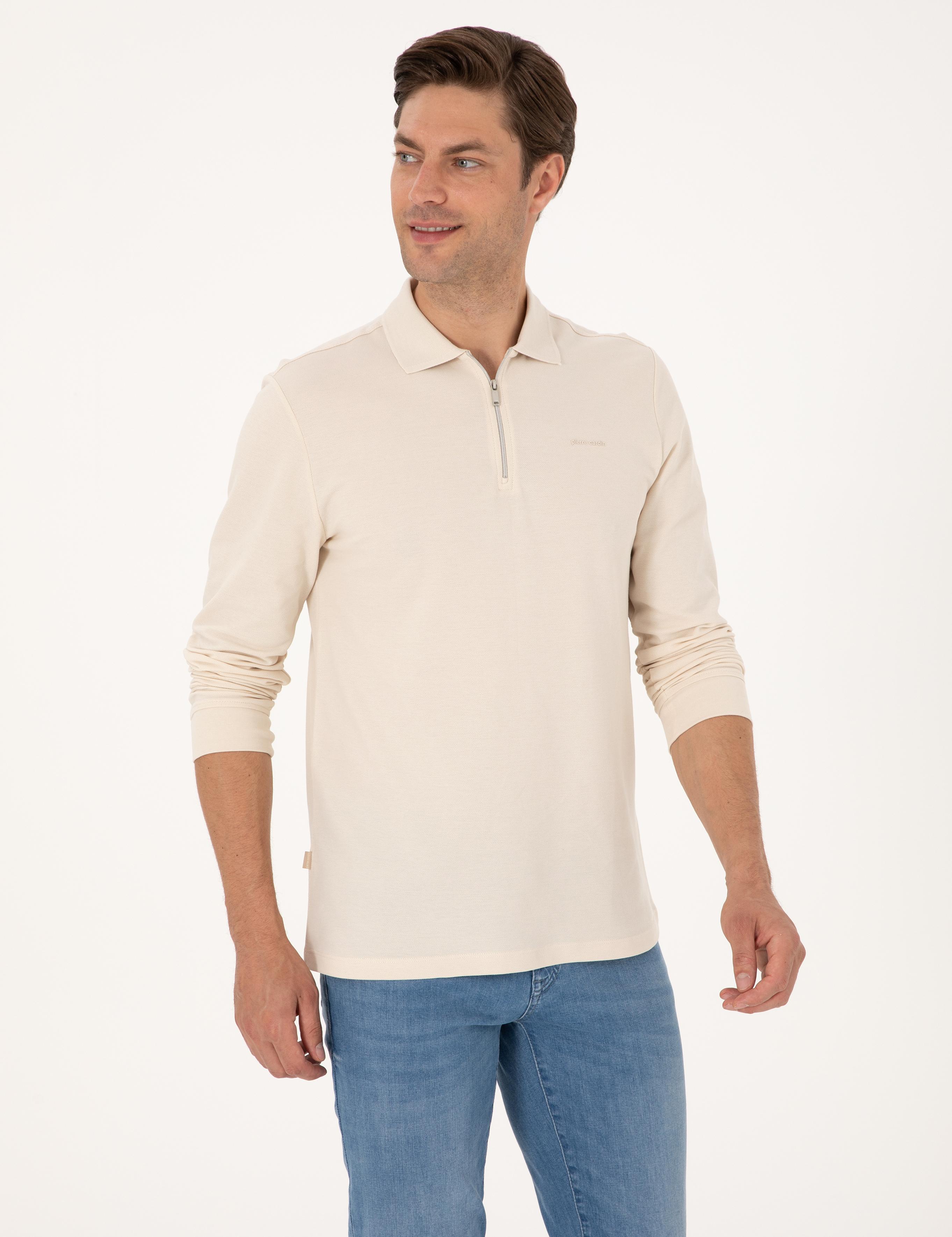 Bej Slim Fit Kıvrılmaz Fermuarlı Polo Yaka Basic Pike Sweatshirt