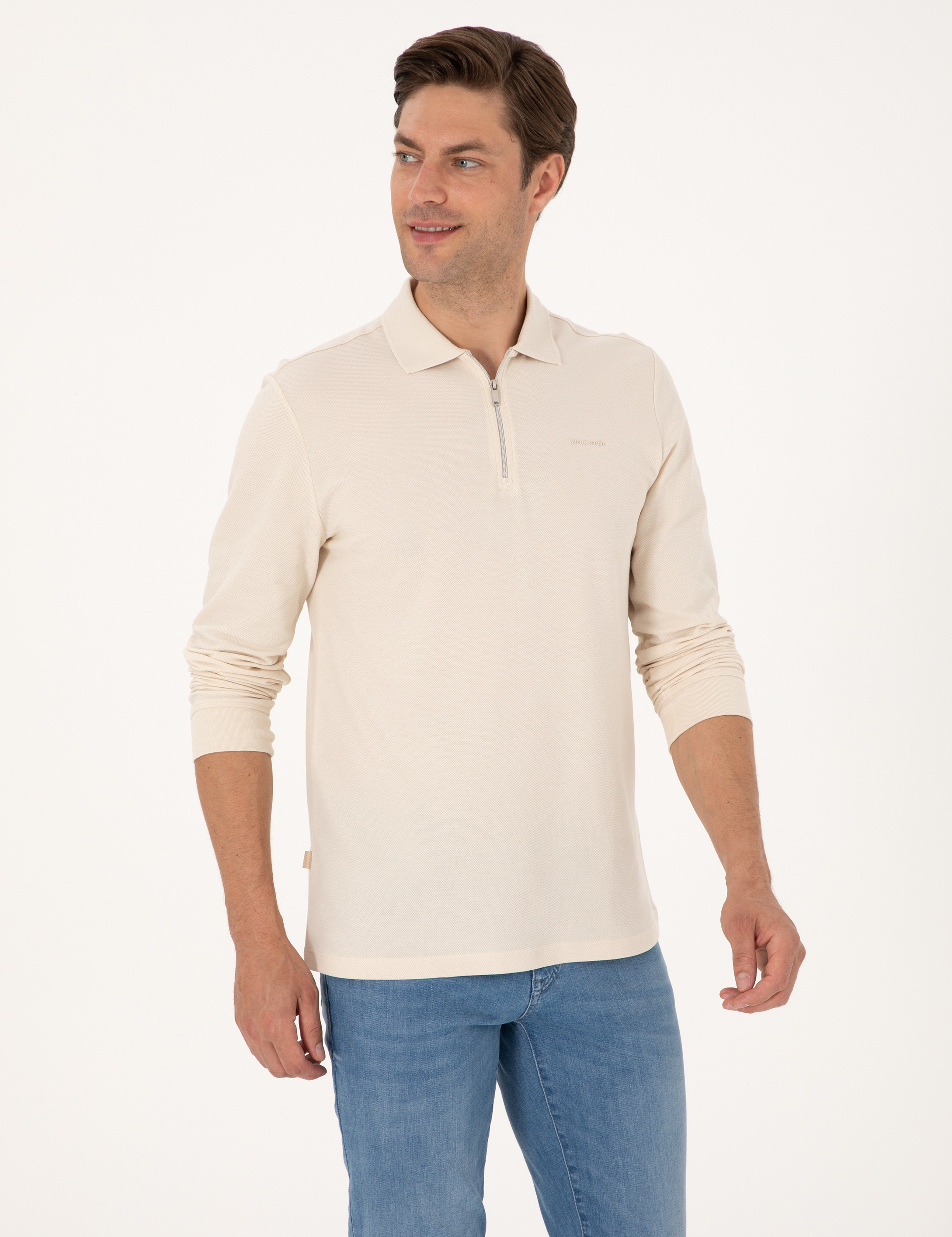 Bej Slim Fit Kıvrılmaz Fermuarlı Polo Yaka Basic Pike Sweatshirt