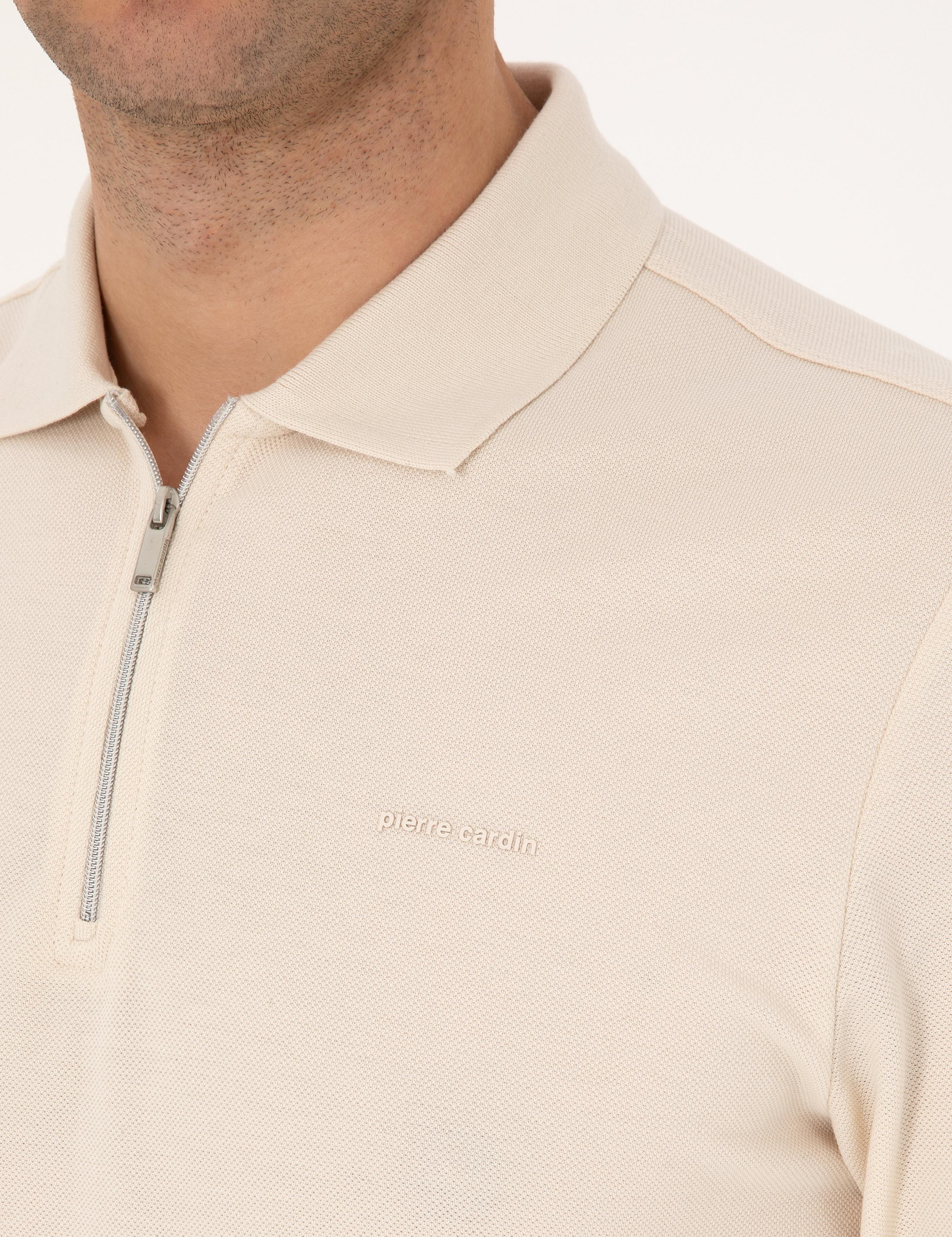 Bej Slim Fit Kıvrılmaz Fermuarlı Polo Yaka Basic Pike Sweatshirt