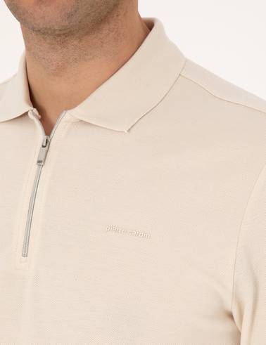 Bej Slim Fit Kıvrılmaz Fermuarlı Polo Yaka Basic Pike Sweatshirt