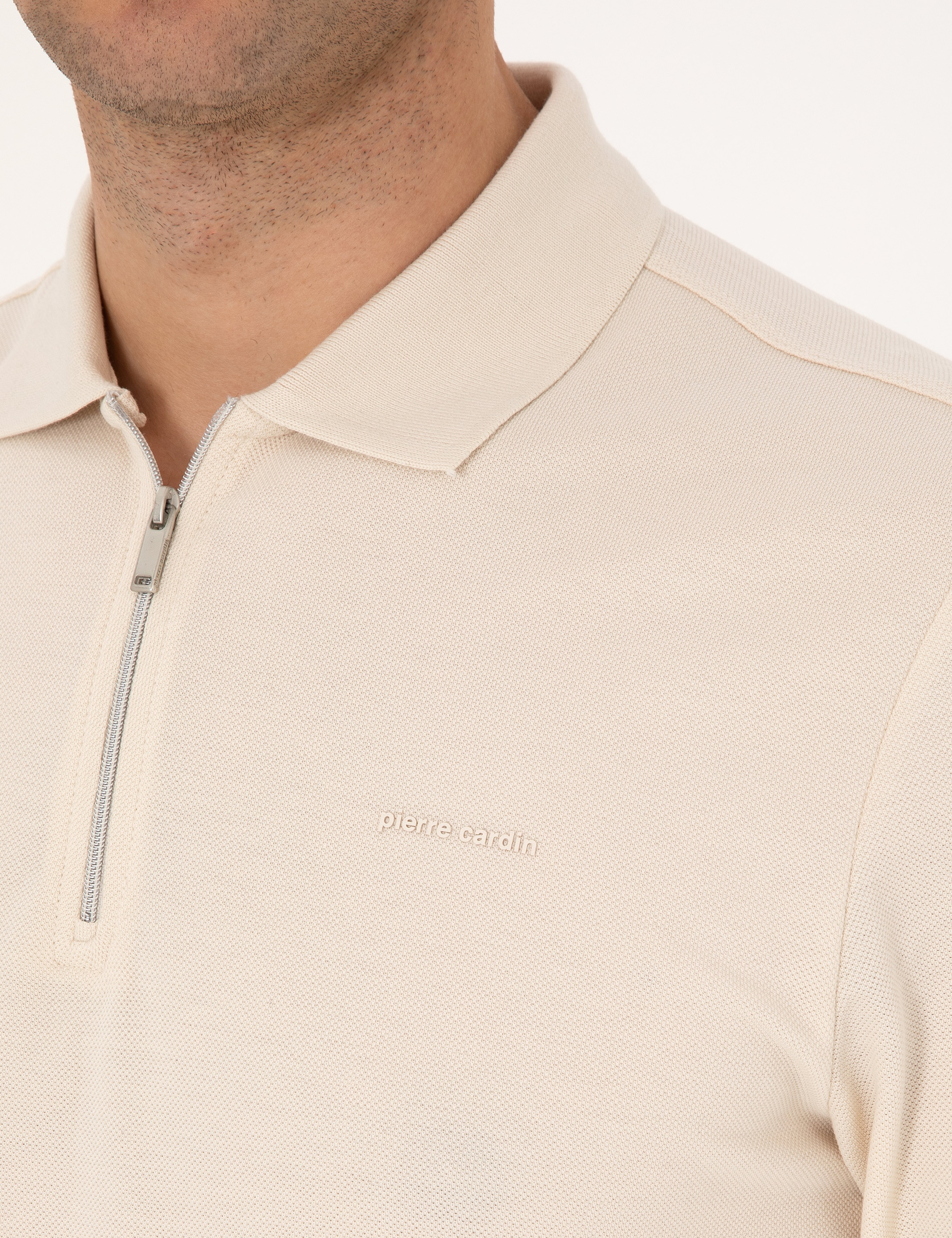 Bej Slim Fit Kıvrılmaz Fermuarlı Polo Yaka Basic Pike Sweatshirt