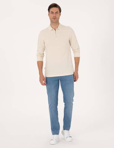 Bej Slim Fit Kıvrılmaz Fermuarlı Polo Yaka Basic Pike Sweatshirt