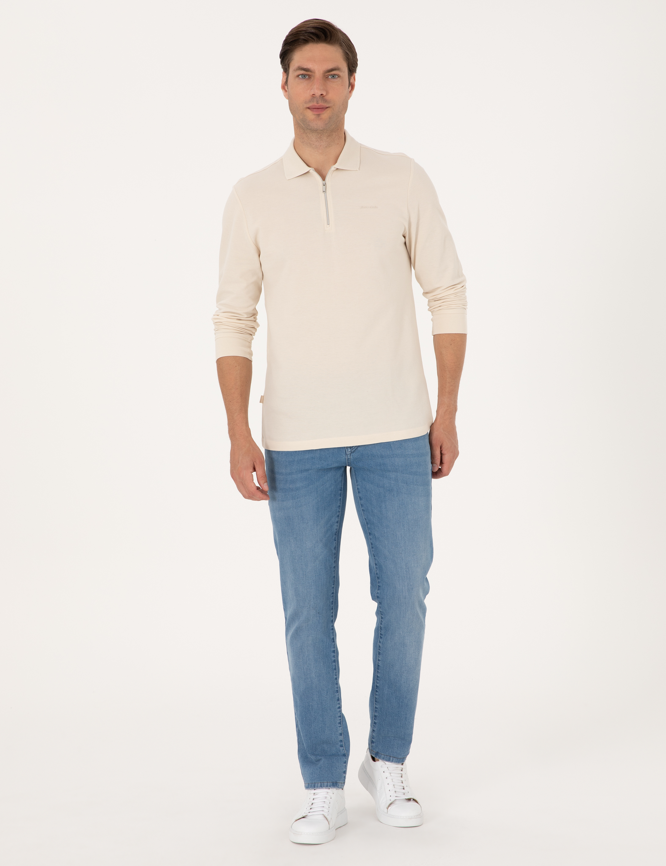 Bej Slim Fit Kıvrılmaz Fermuarlı Polo Yaka Basic Pike Sweatshirt - Image 4