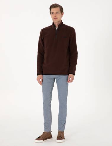 Kahverengi Regular Fit Yarım Fermuarlı Polar Sweatshirt