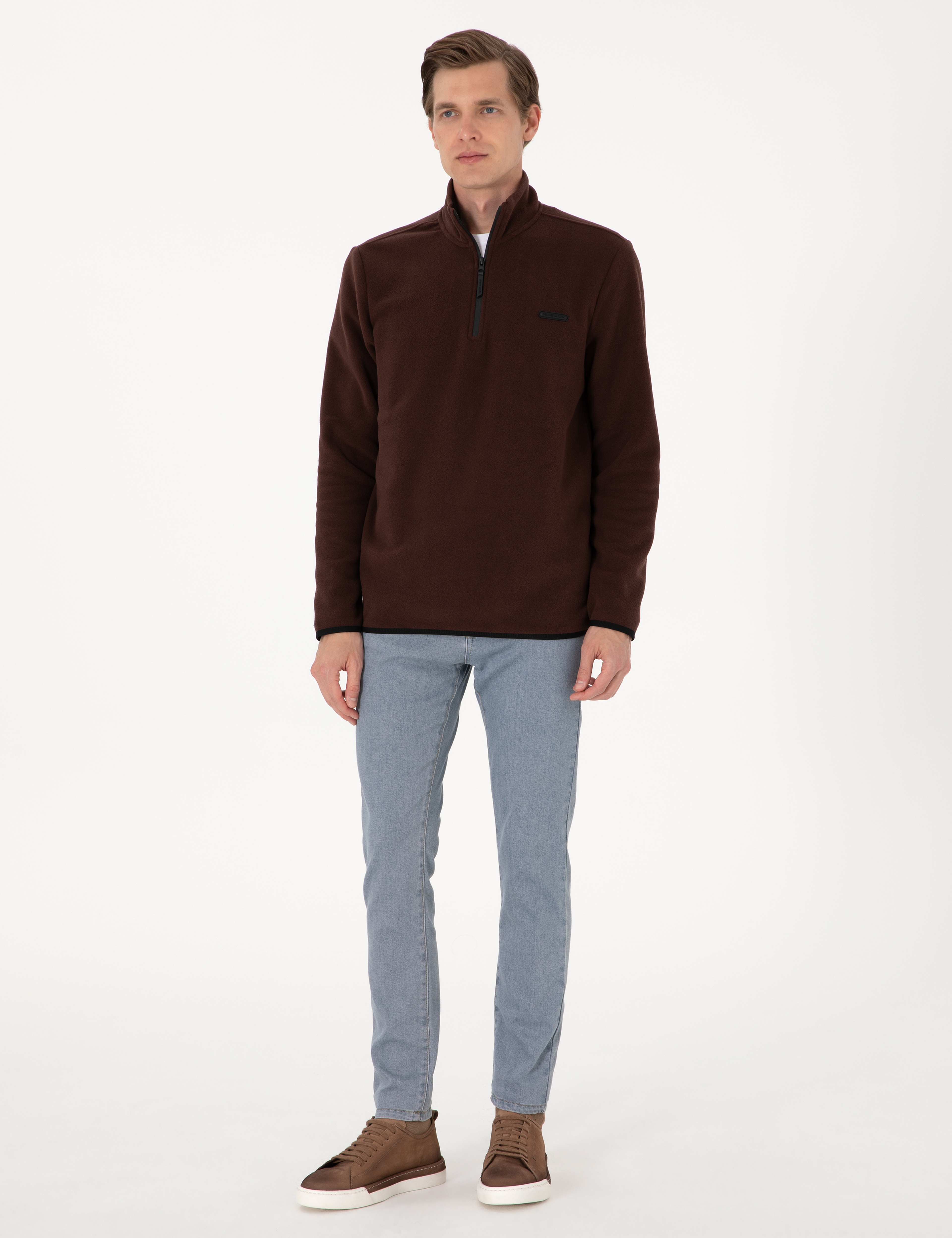 Kahverengi Regular Fit Yarım Fermuarlı Polar Sweatshirt - Image 4