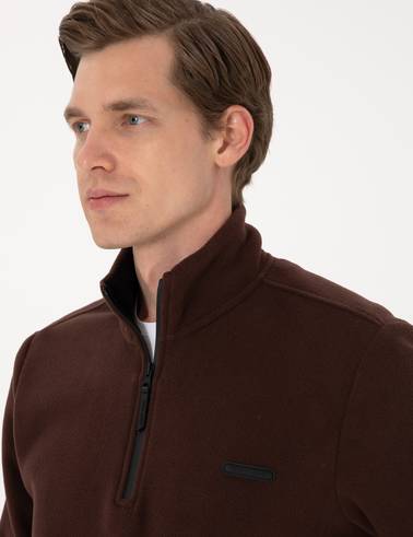 Kahverengi Regular Fit Yarım Fermuarlı Polar Sweatshirt