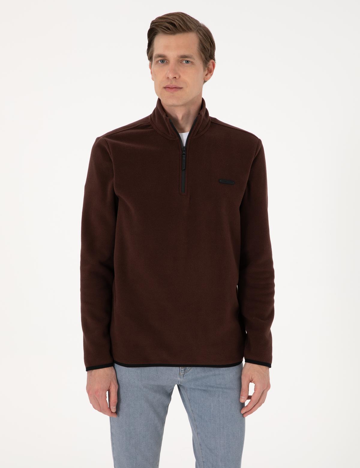 Kahverengi Regular Fit Yarım Fermuarlı Polar Sweatshirt