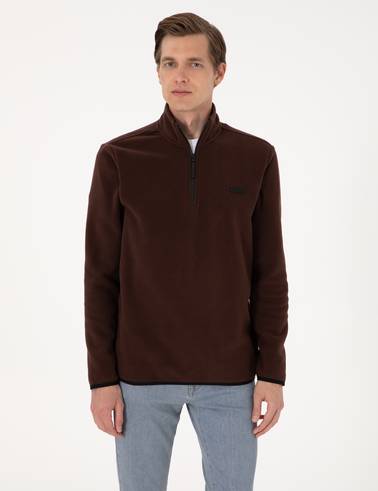 Kahverengi Regular Fit Yarım Fermuarlı Polar Sweatshirt