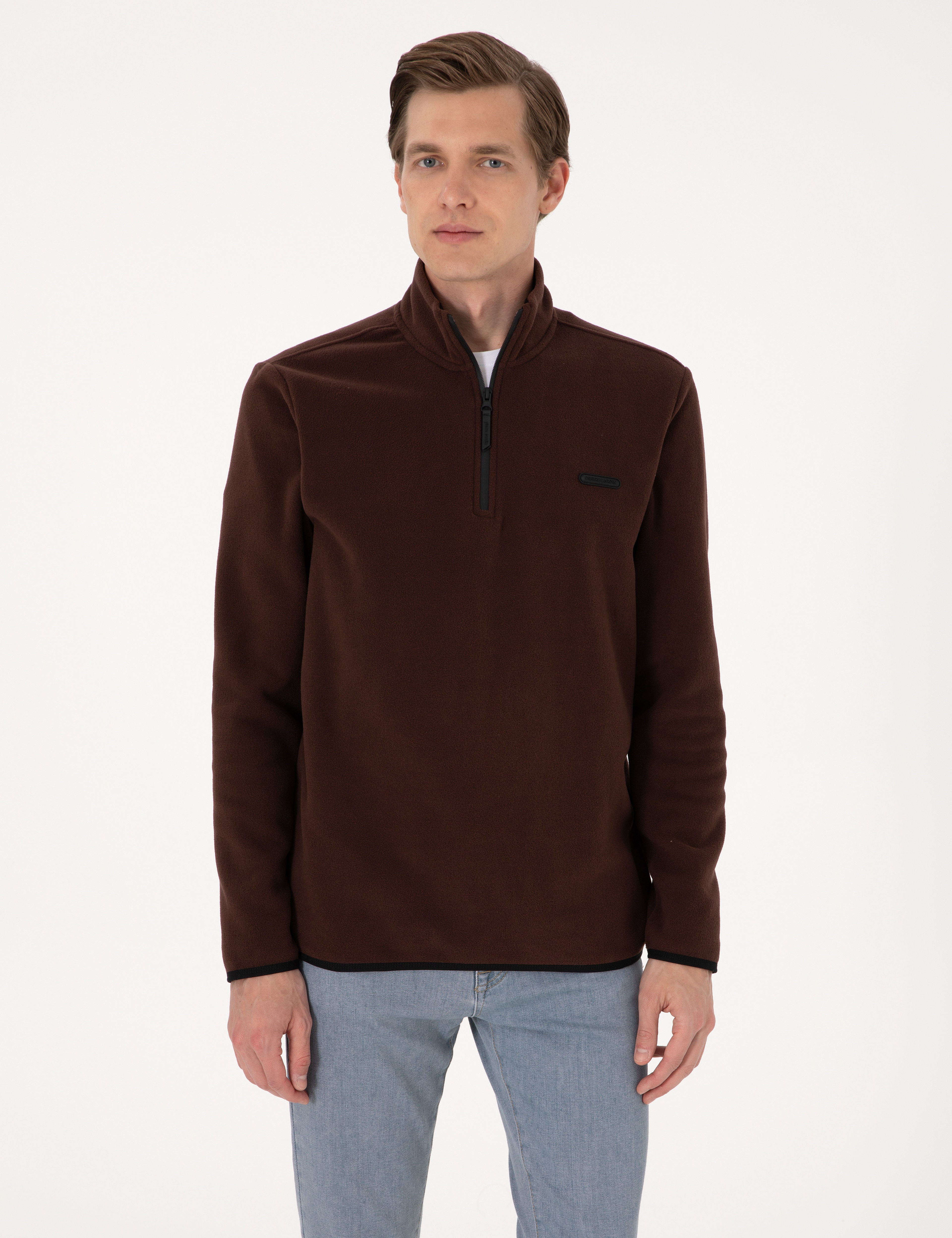 Kahverengi Regular Fit Yarım Fermuarlı Polar Sweatshirt - Image 1