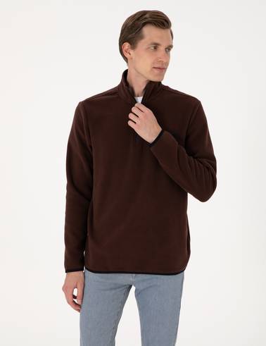 Kahverengi Regular Fit Yarım Fermuarlı Polar Sweatshirt
