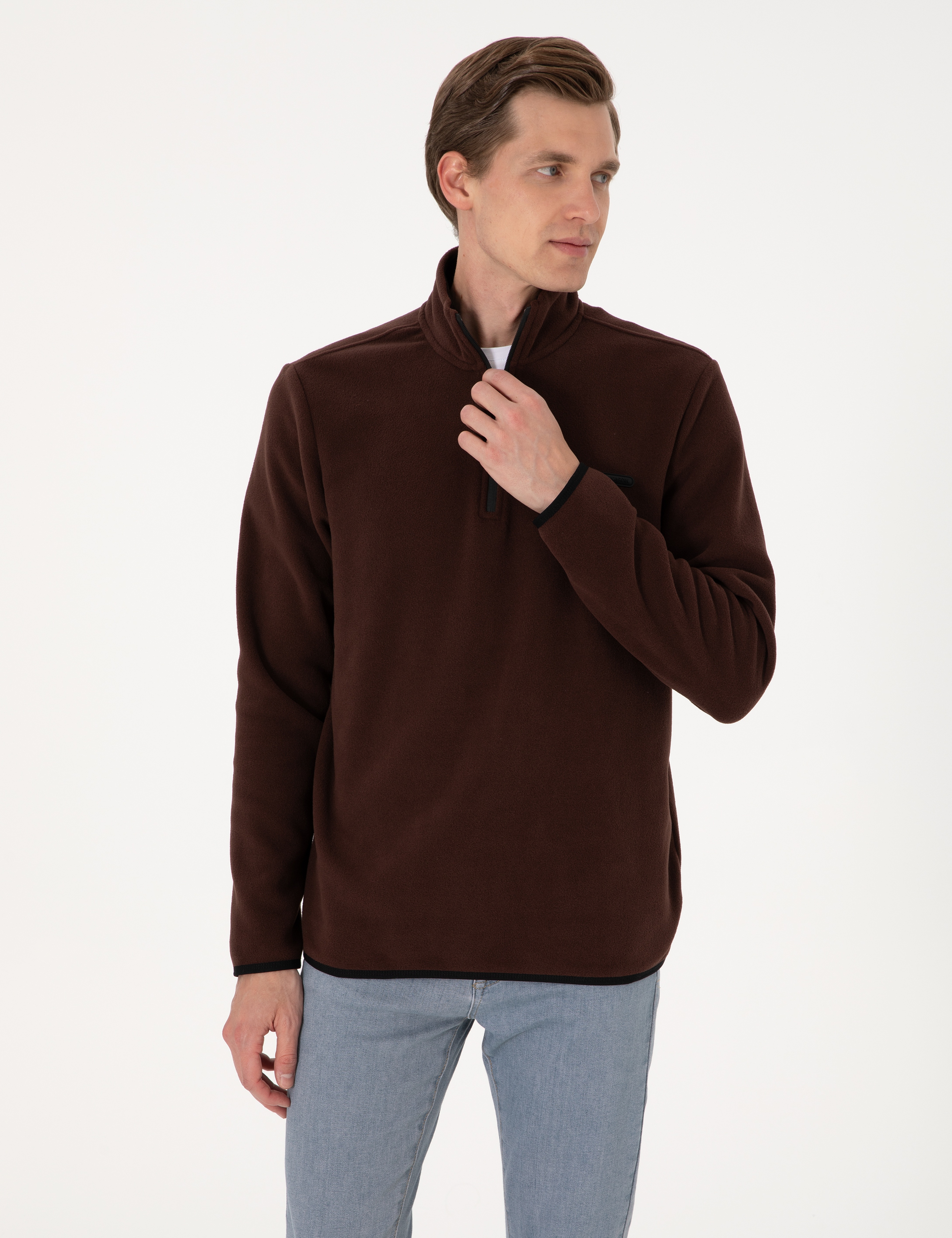Kahverengi Regular Fit Yarım Fermuarlı Polar Sweatshirt