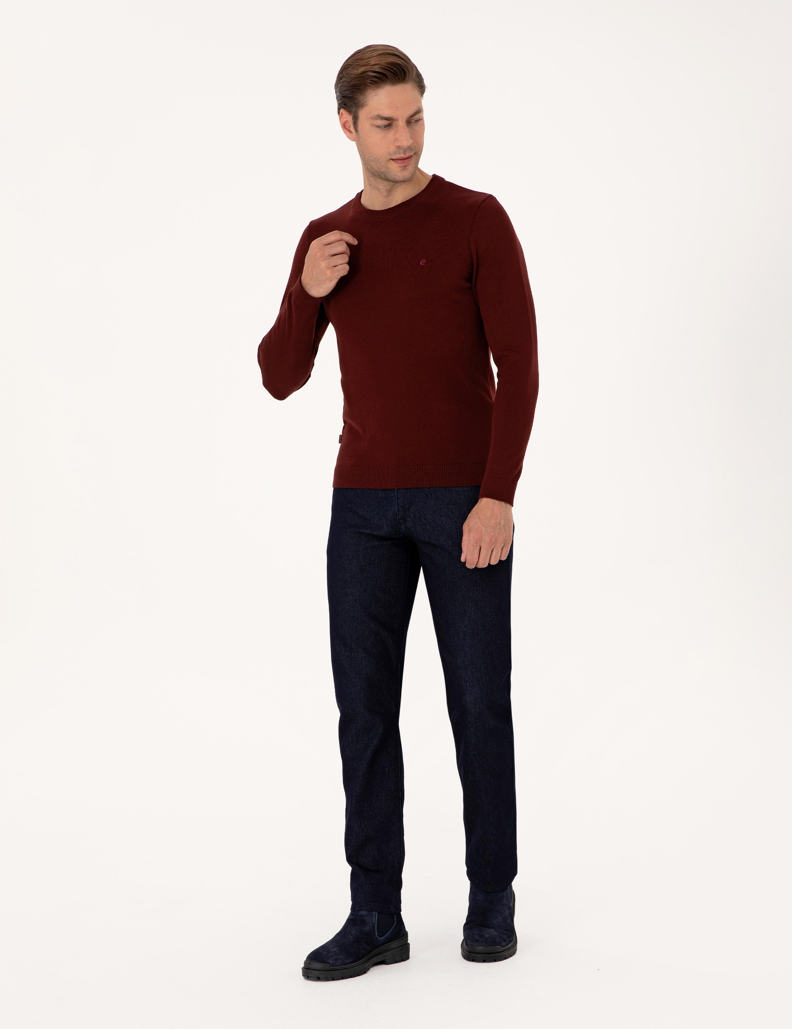 Bordo Slim Fit Bisiklet Yaka Basic Triko Kazak