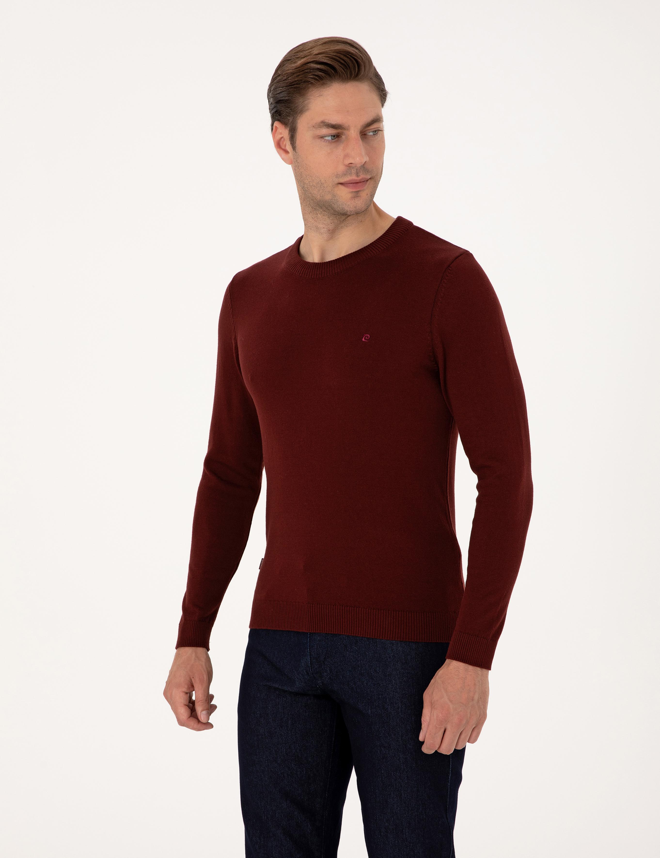 Bordo Slim Fit Bisiklet Yaka Basic Triko Kazak