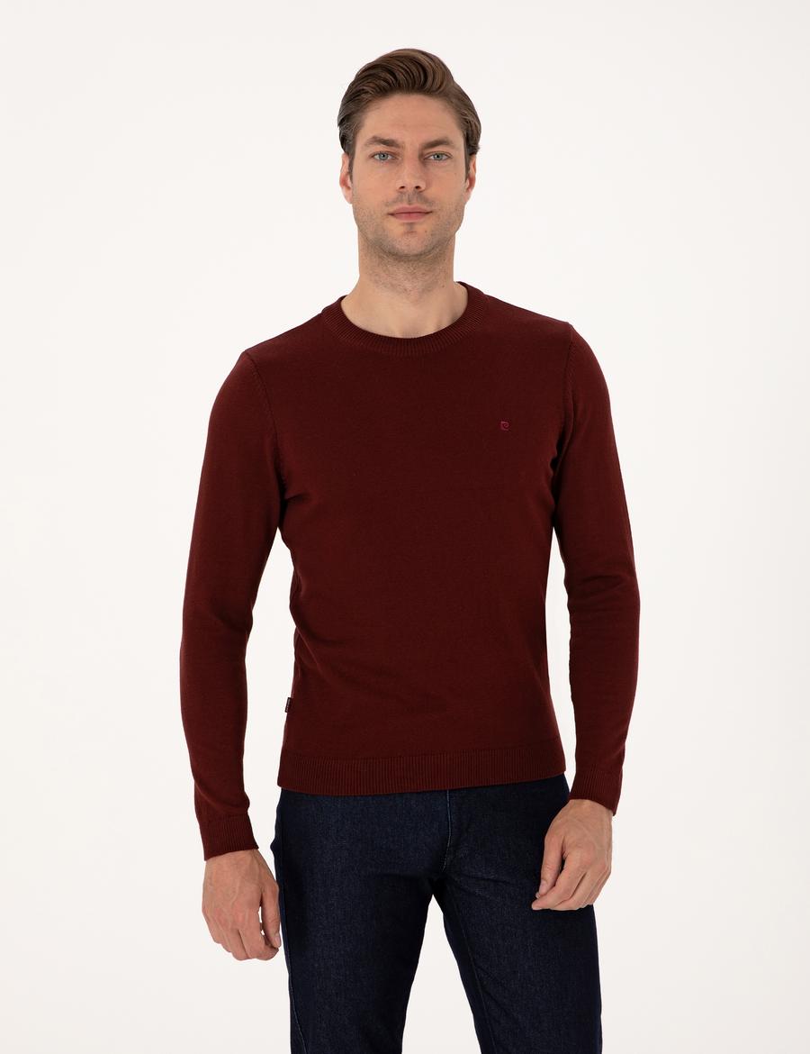 Bordo Slim Fit Bisiklet Yaka Basic Triko Kazak