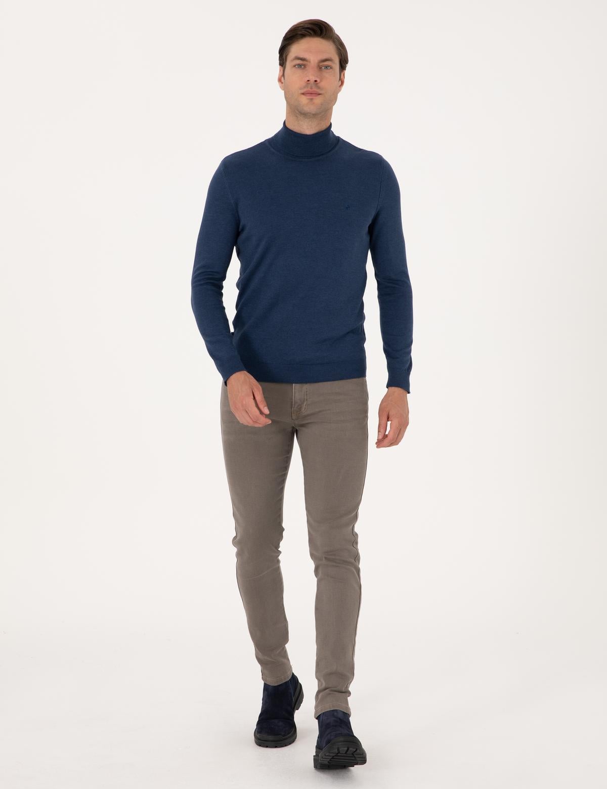 İndigo Melanj Slim Fit Balıkçı Yaka Basic Triko Kazak - 50314202048
